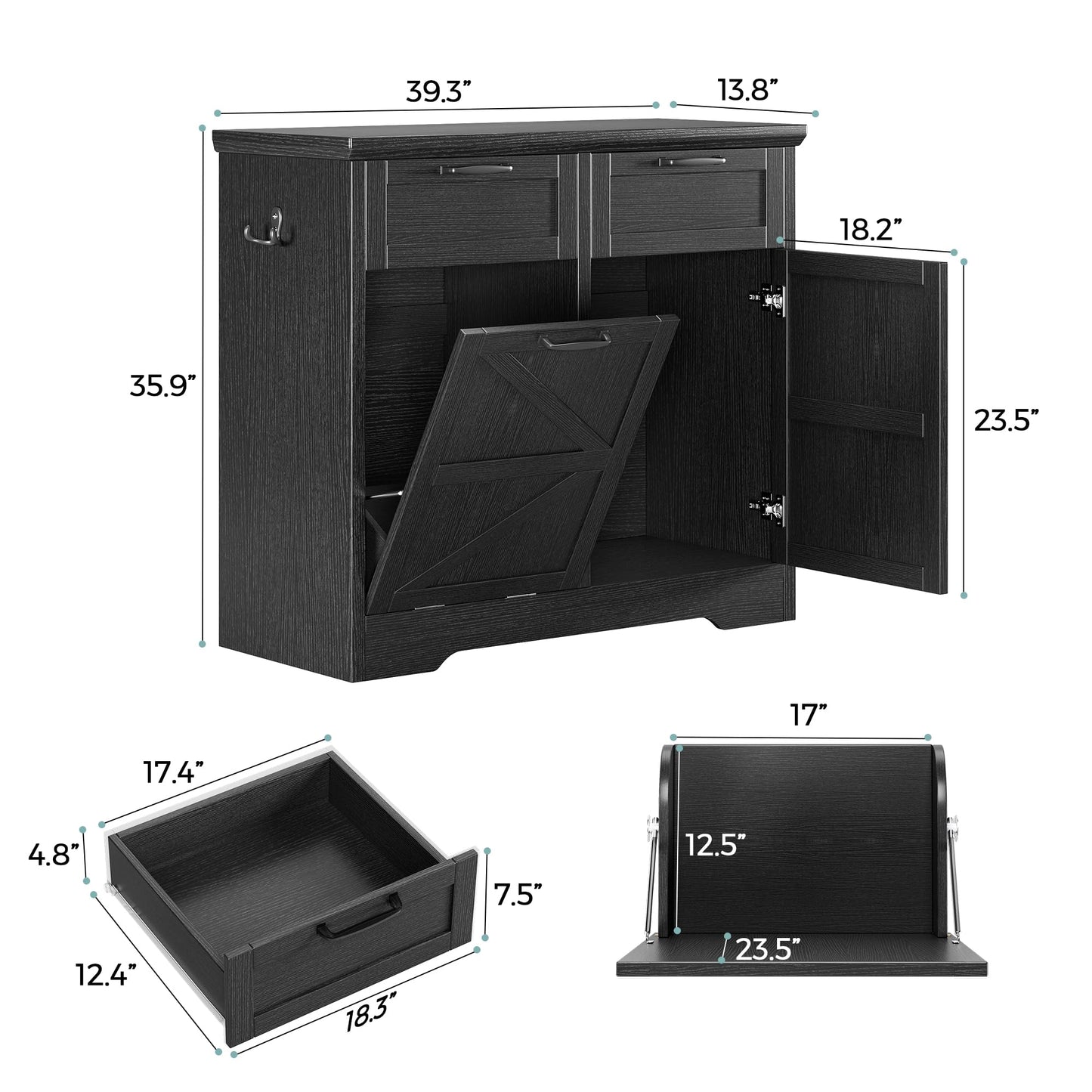 Jocoevol Double Trash Can Cabinet, 10 Gallon Hidden Tilt Out Trash Laundry Hamper Cabinet with Storage Drawers, Pet Proof Wood Garbage Can Cabinet for Kitchen, Home, Laundry, Black