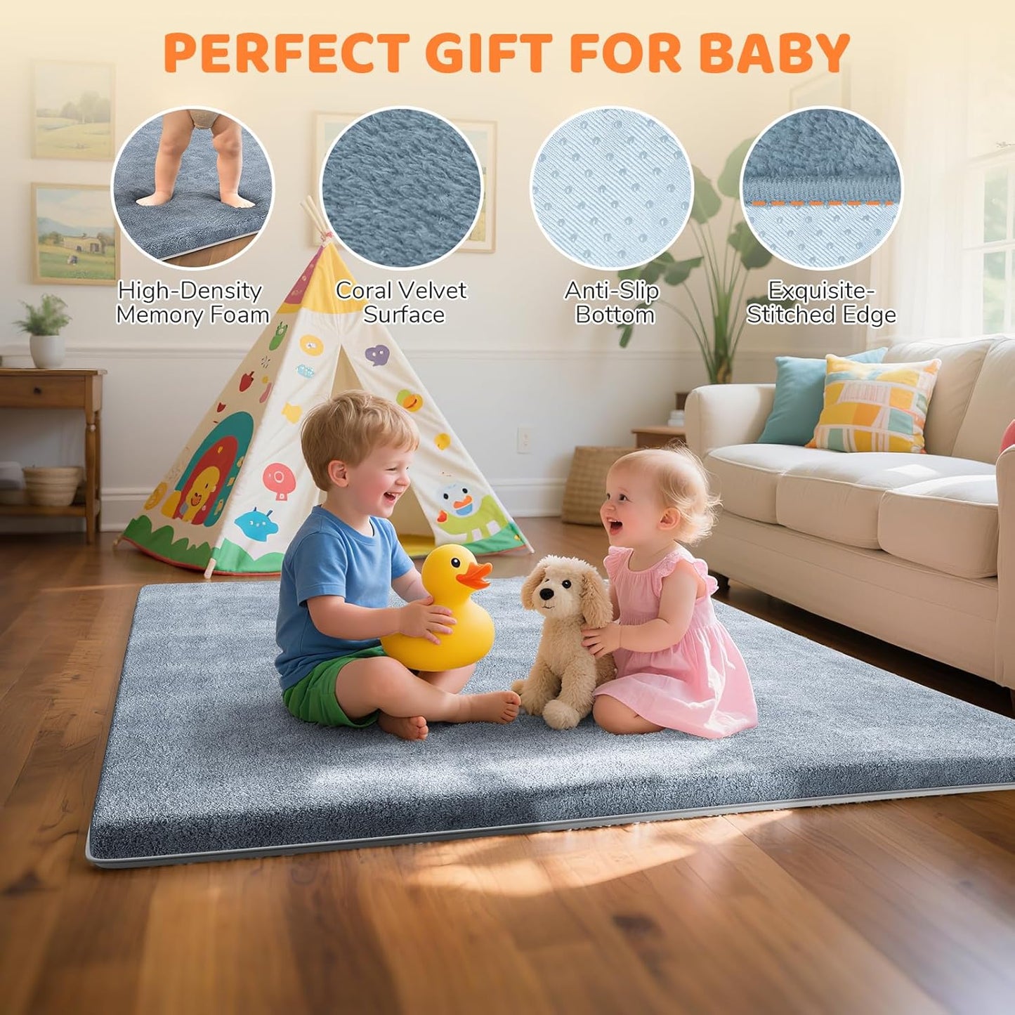 Omzer Baby Play Mat - 1.3" Thick Foam Tummy Time Mat | 65x50 Inch Non-Slip Crawling Pad - Grey Coral Velvet
