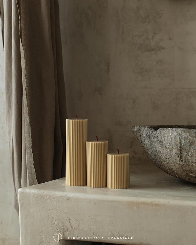LAWA Roman Handmade Tall Ribbed Pillar Candle - Beautiful Scented Soy Wax Dinner Candle | Classic Aesthetic Decoration Set | Housewarming Gift | Home Room Shelf Decor Idea - Sandstone (Set of 3)