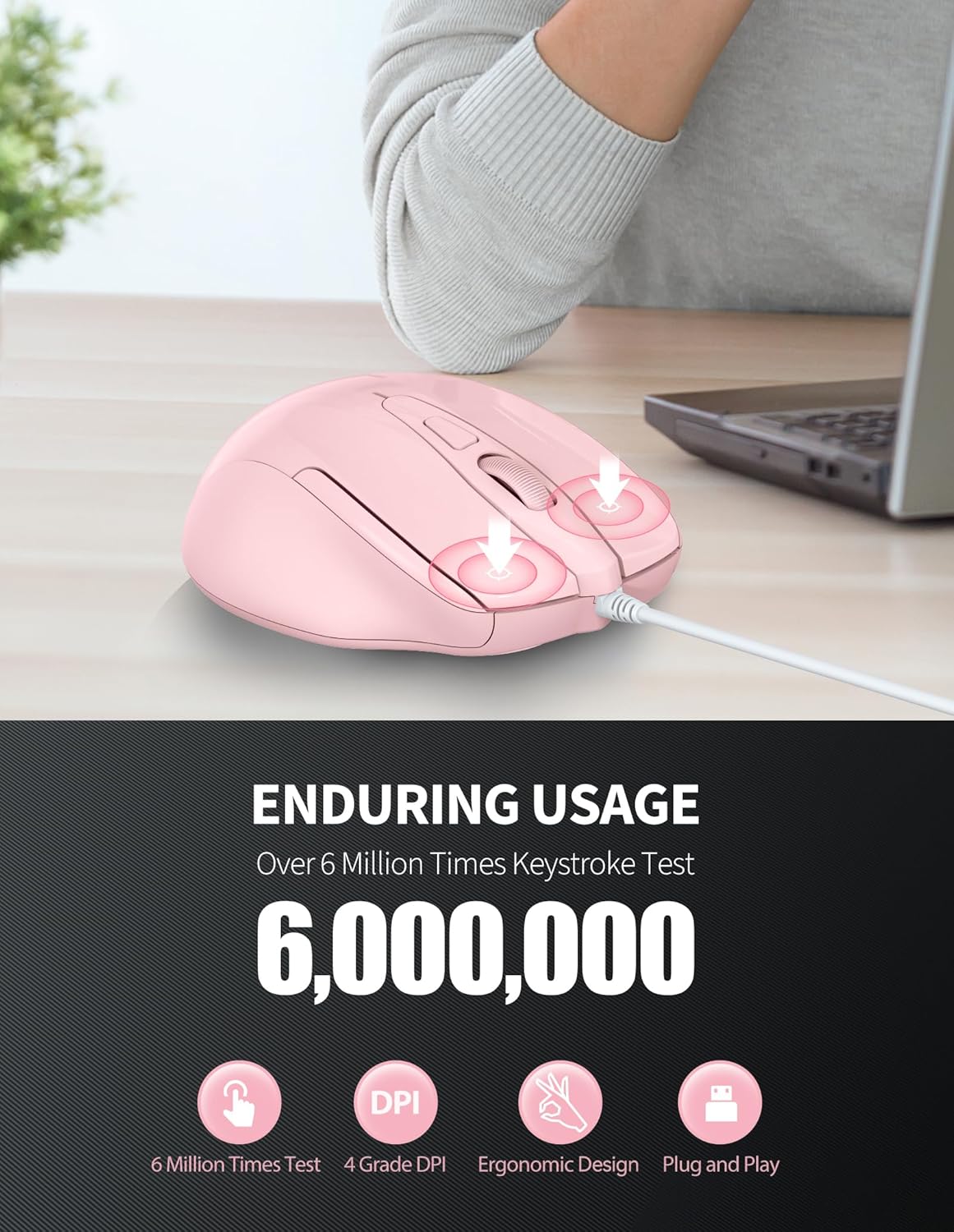 TECKNET 6-Button 4 5FT Wired Mouse, Corded with Adjustable DPI, Optical Ergonomic Design, Cord for Laptop, Chromebook