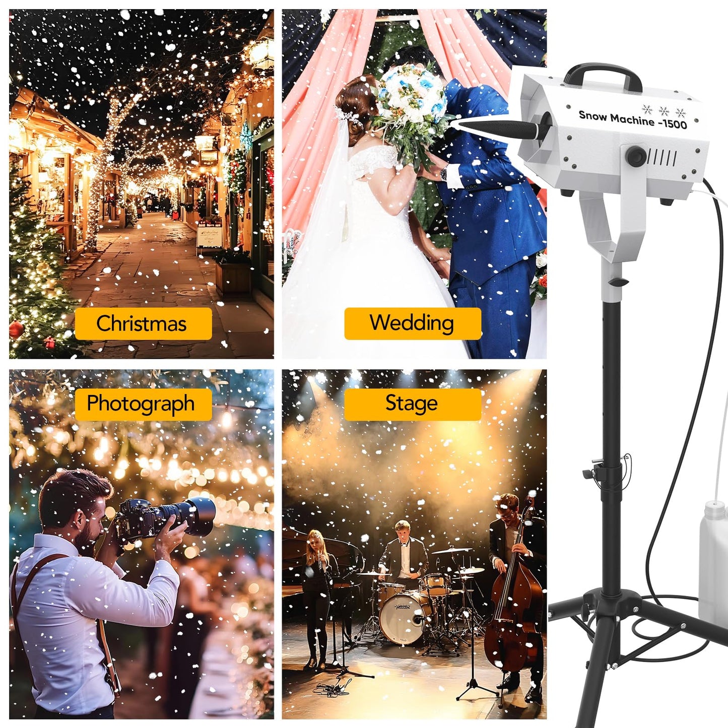 UPGREY 1500W Snow Machine for Outdoors and Indoors w/Tripod, Fake Snow Maker for Party with LED, Remote Controller and Fluid Tank