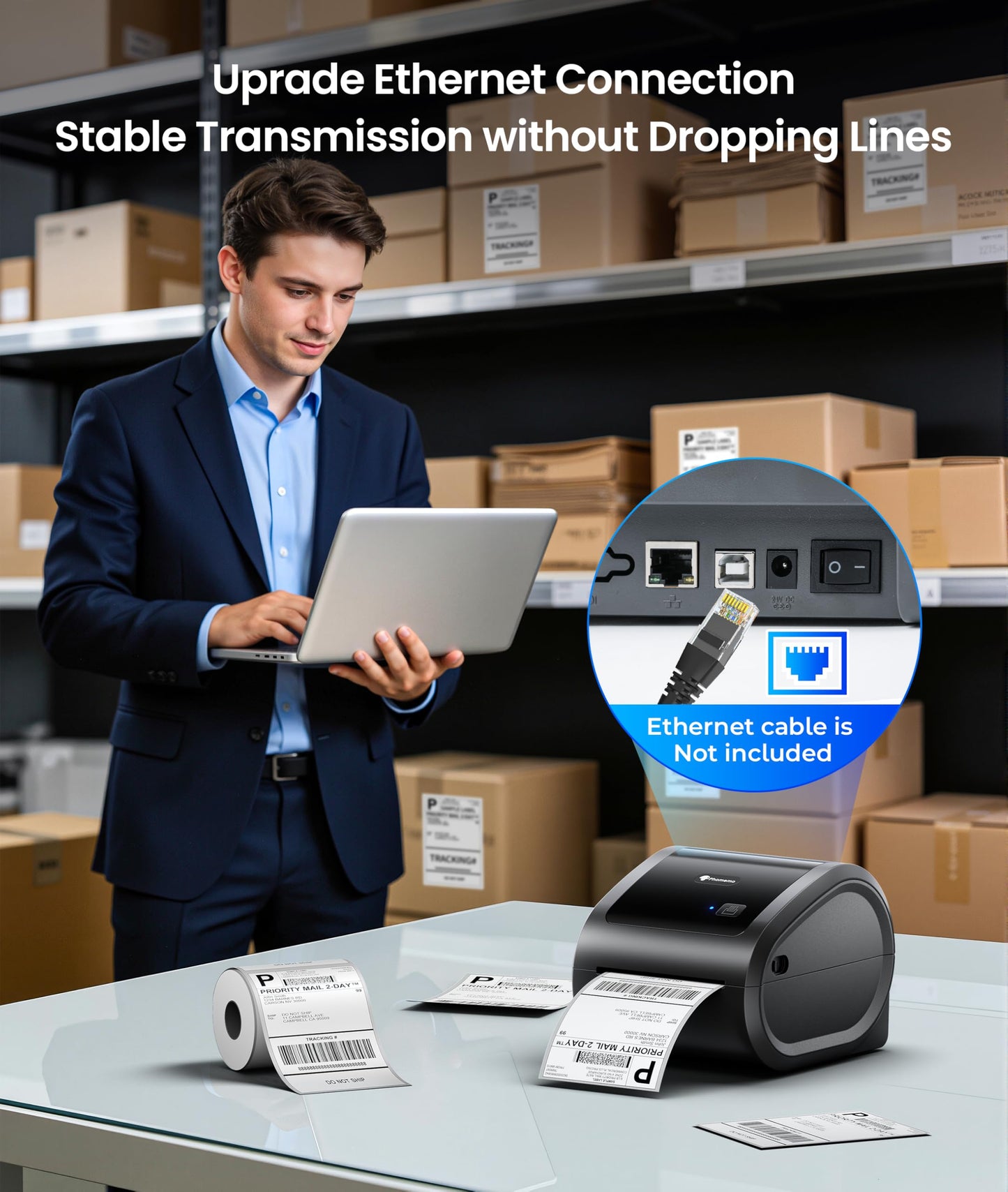 Phomemo 300 DPI 4x6 Thermal Shipping Label Printer with 500 Labels, Ethernet Bluetooth USB, High Resolution Thermal Printer for Small Business, Compatible with iOS Android Windows Mac, for USPS UPS