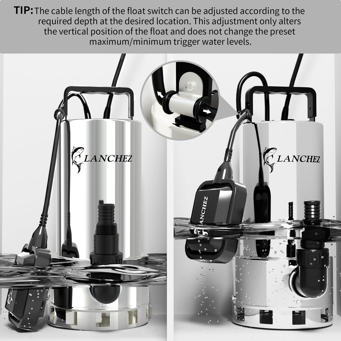 LANCHEZ 1.6HP 6000GPH Sump Pump, Stainless Steel High Flow Submersible Water Pump with Float Switch, Automatic Transfer Water Pump for Swimming Pool Basement Flooded Pit Sewage Sink Tub, Silver