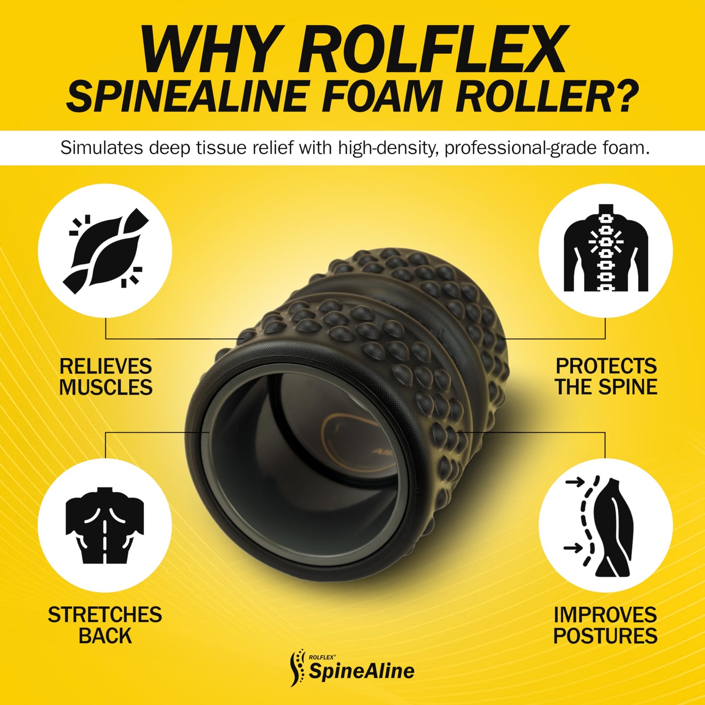 Rolflex SpineAline Back Roller – Muscle Rollers Deep Tissue Spine Alignment Tool – Ergonomic Spine, Neck and Back Massage Rollers – Durable & Portable Massage Roller – Supports Up to 300 lbs – Black