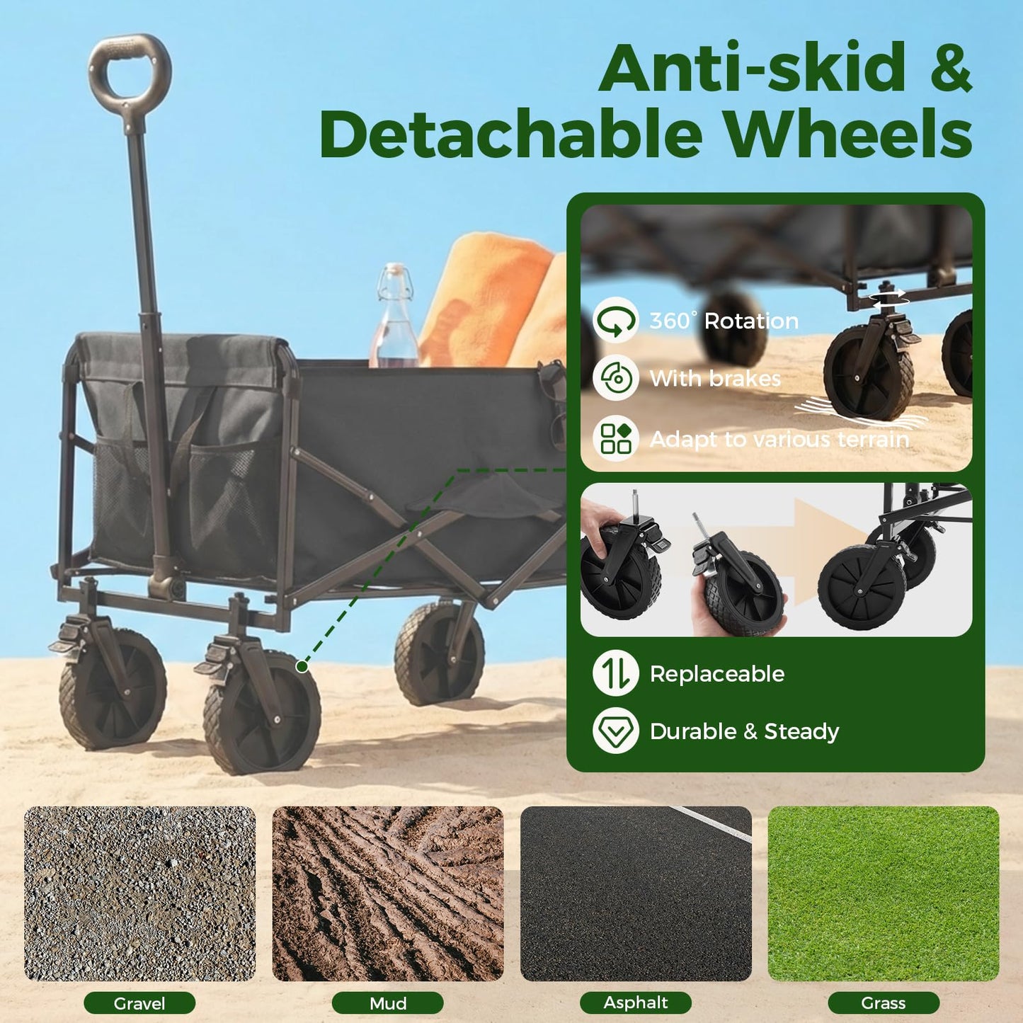 OLIXIS Collapsible Wagon 102L Standard Heavy Duty Utility Folding Wagon Cart with Lockable Brake Wheels – 330 lbs Weight Capacity, Flexible Handle for Beach, Grocery, Camping, Sports & Garden, Black