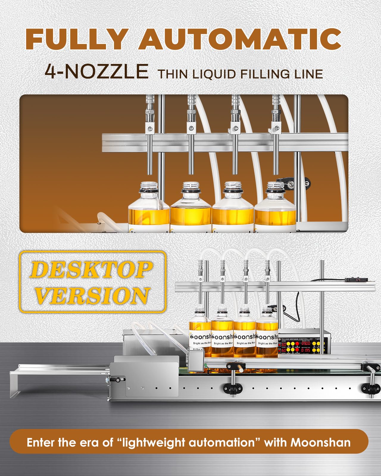 Moonshan 4-Nozzle Automatic Liquid Filling Machine Line 1-30 Ounce Bottle Filling Machine Bottle Filler with 35 Inch Belt Conveyor Desktop Version for Juice Wine Detergent