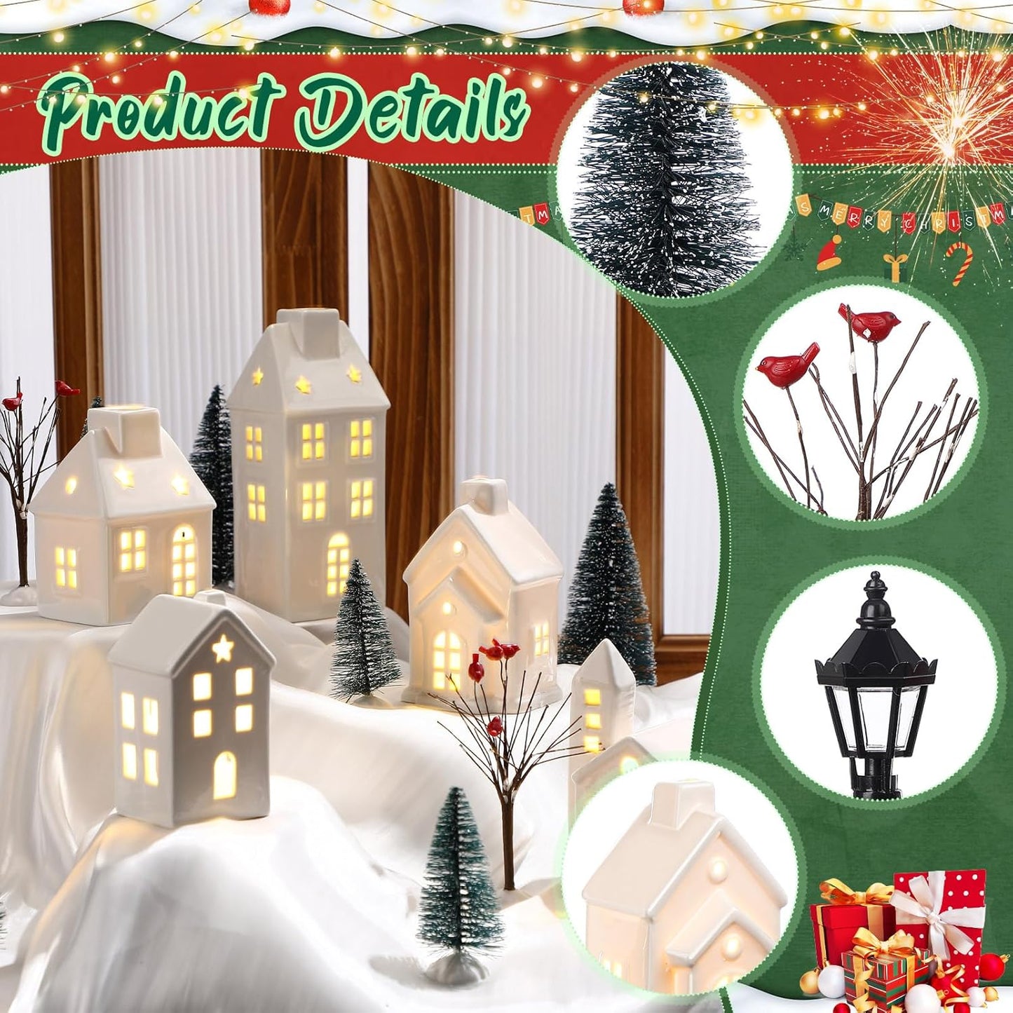 WinnerWhy Christmas Village House Set - 24 Pcs LED Lighted Mini Ceramic Ornaments for Festive Decor
