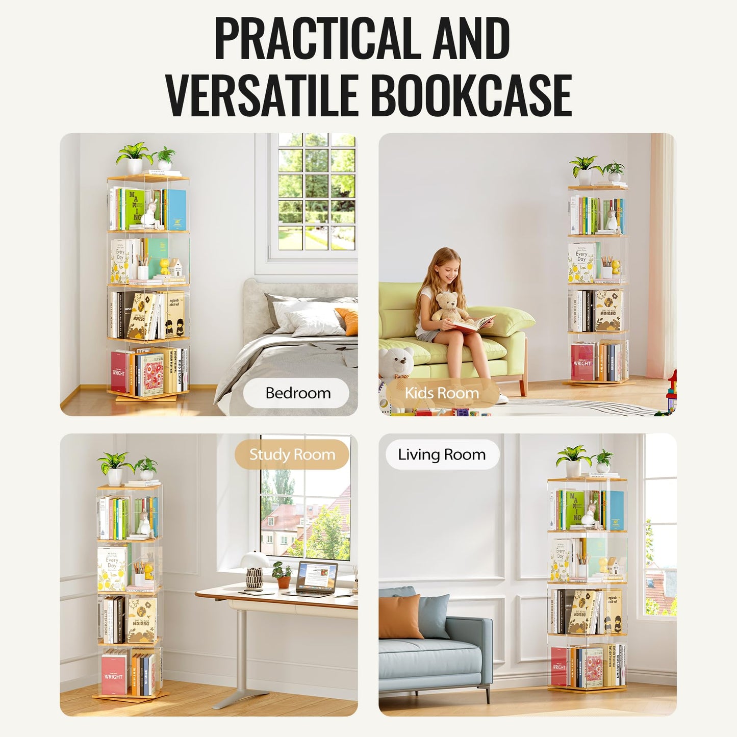 TAKEKIT Rotating Bookshelf, 360 Degree Revolving Bookcase, 4-Tier Spinning Bookshelf, Clear Acrylic & Solid Wood Rotating Bookcase for Kid’s Playroom, Bedroom and Living Room, Square