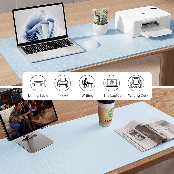 Aothia Faux Leather Desk Mat – Large Mouse Pad, Non-Slip PU Leather Blotter, Waterproof Writing Surface for Office and Home (Baby Blue, 47.2" x 23.6")