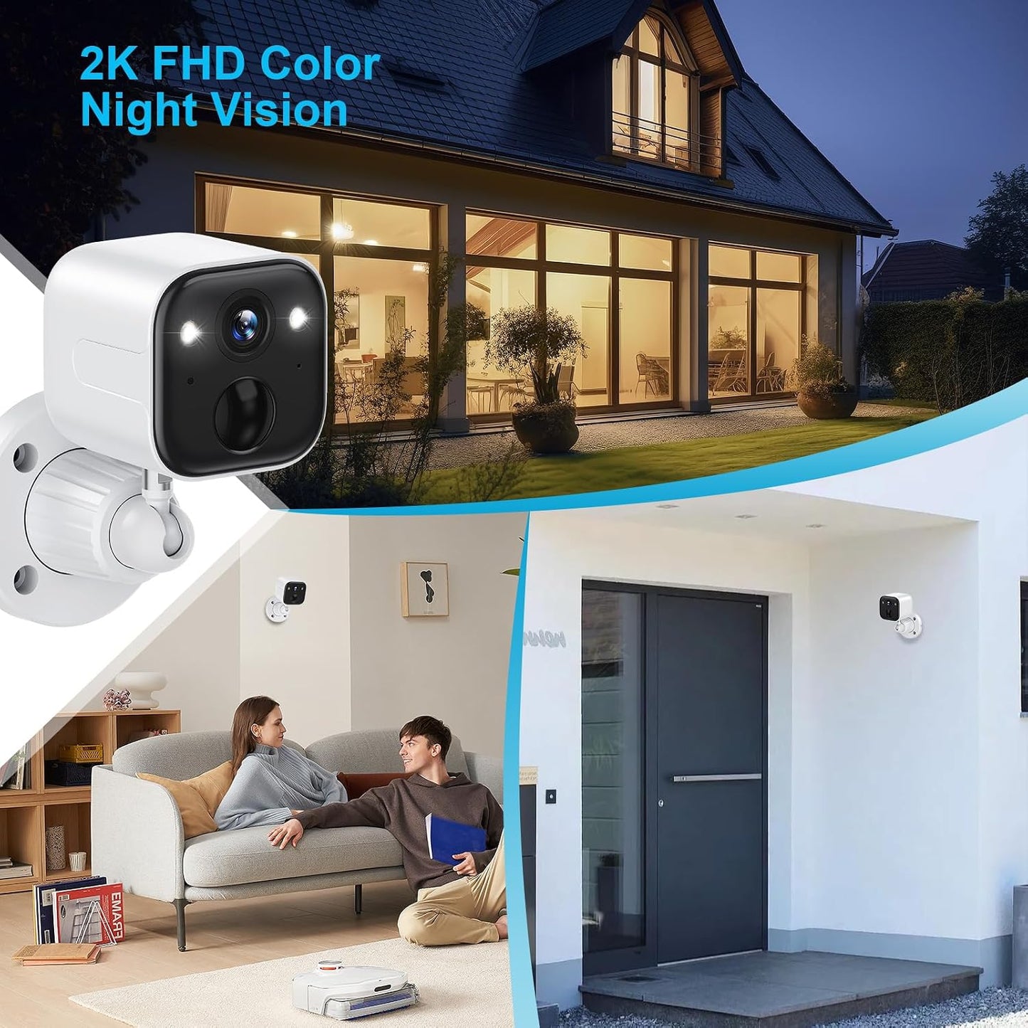 SUJTKZL 2K IP65 2-Way Security Cameras Wireless Outdoor, Battery Powered WiFi Camera for Home Security, Color Night