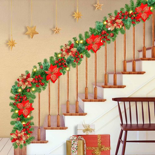 9Ft Pre-lit Christmas Garland with LED Lights Battery Operated, Holiday Decoration Stairs Wall Mantle Door Indoor Outdoor, Decorated with Red Flower, Balls, Berries, Snowy Pine, Christmas Collection