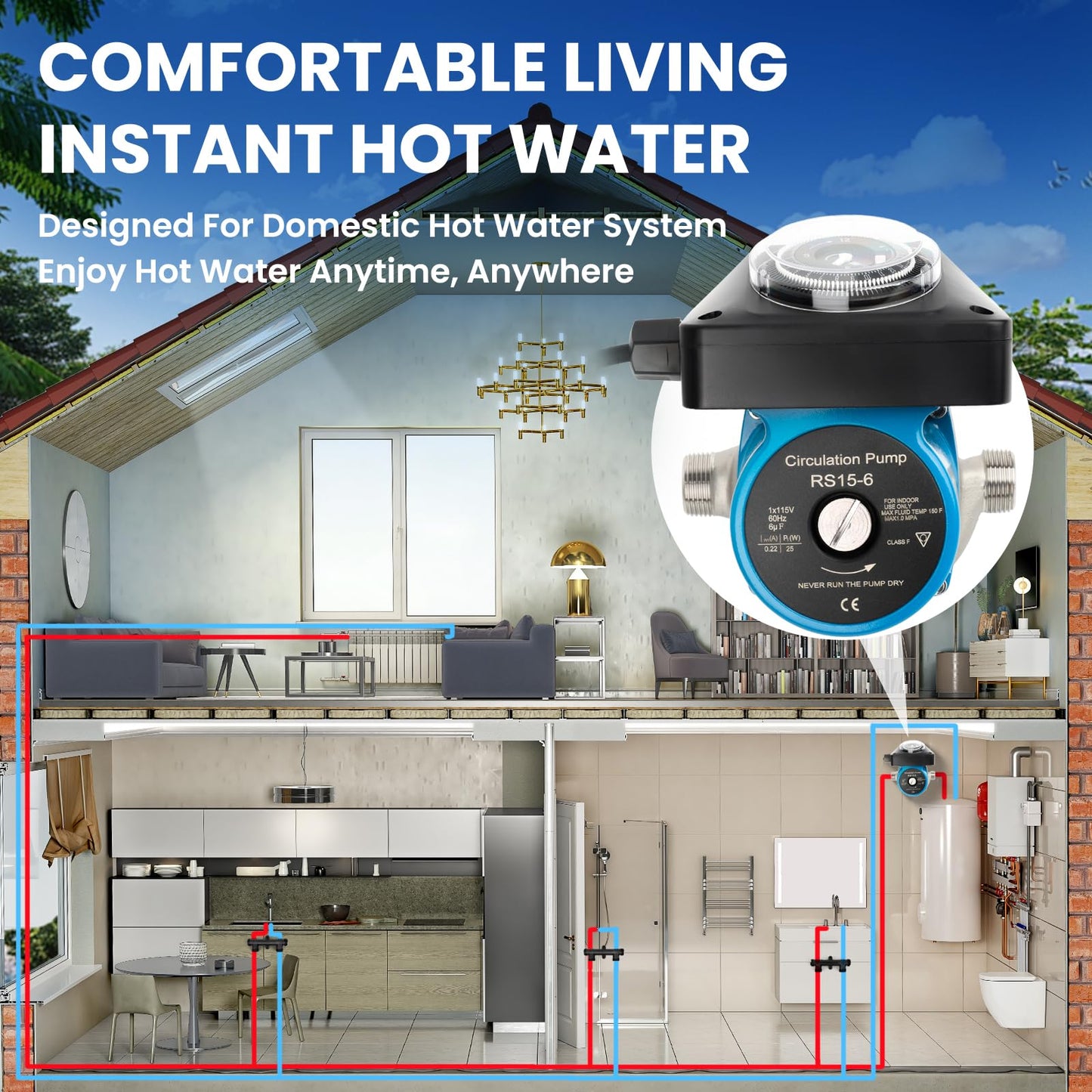 Instant Hot Water Recirculating Pump Kit - Save 15,000 Gallons/Year, Programmable Timer, 5-Year Warranty, Easy DIY Installation for Tank Water Heaters
