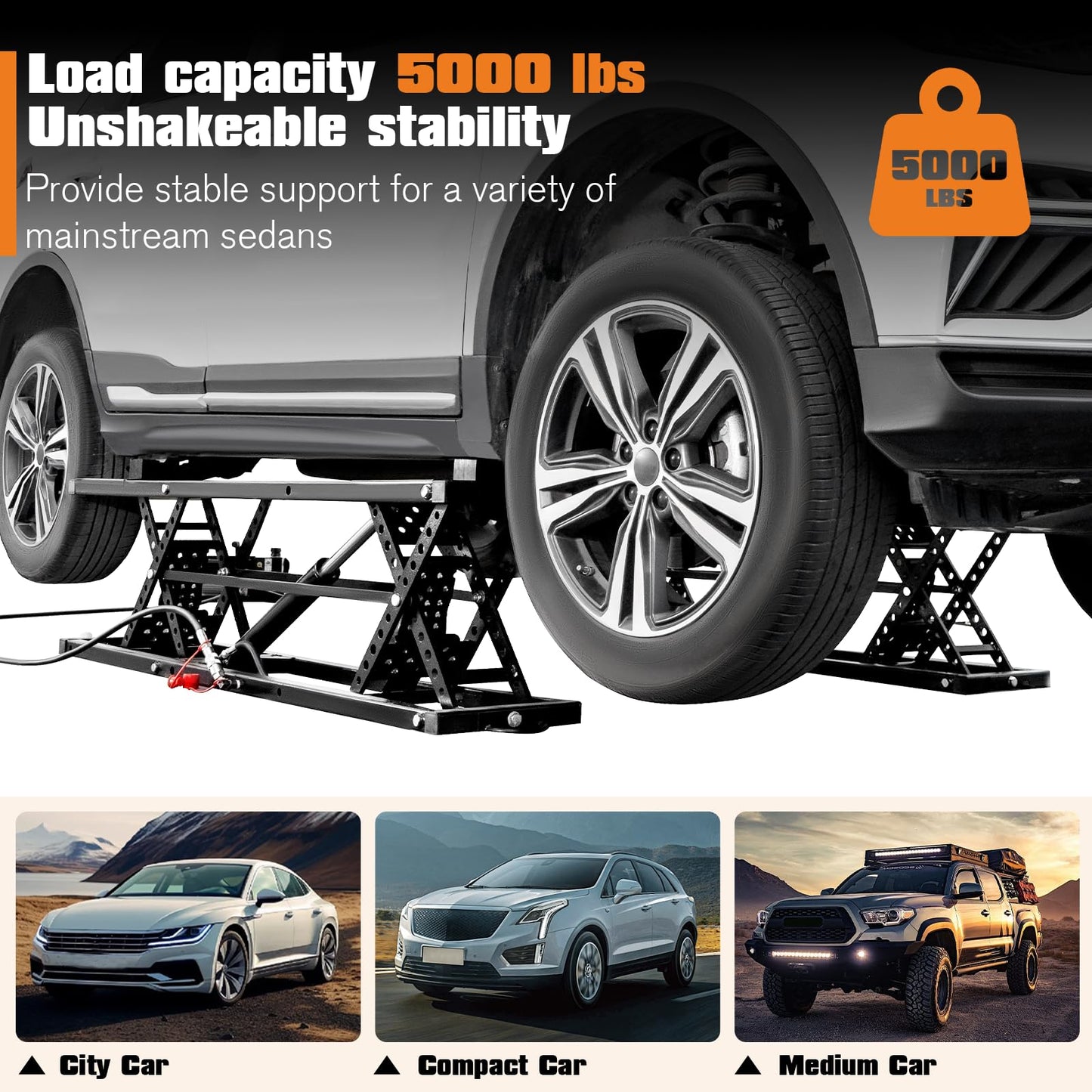 Albott 5000 LBS Portable Car Lift, Adjustable Quick Jack with 26" Max Height, Locking Levers, 25–30s Fast Cycle, Scissor Lift for Sedans in Garage or Shop, Foldable Design & Wheels, Black