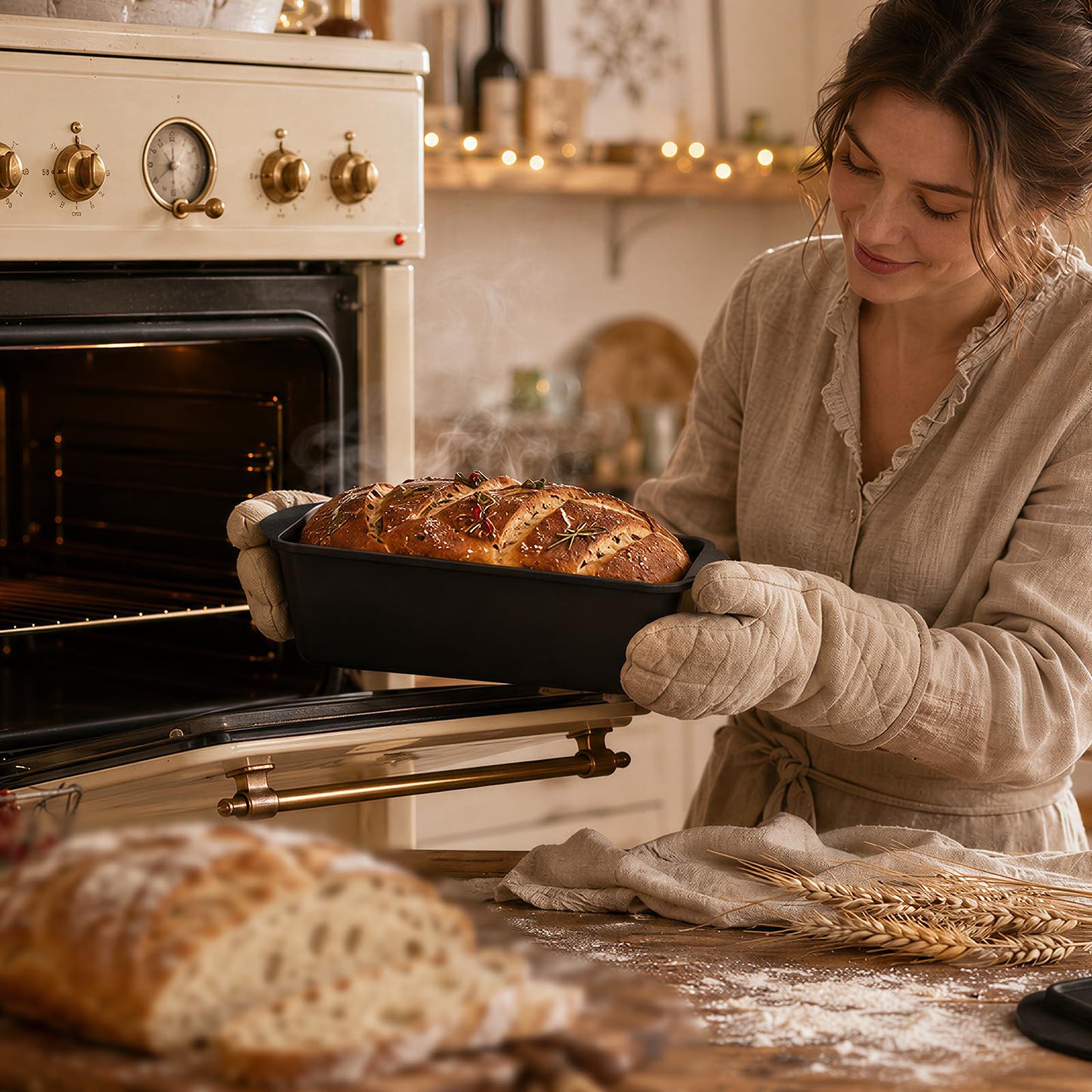 Cast Iron Dutch Oven Bread Loaf Pan with Lid, 14 x 5.5 Inch 3.2QT Pre-Seasoned Pan for Sourdough Baking, Includes Baking Supplies for Homemade Artisan Bread, Heavy Duty with Even Heat Distribution