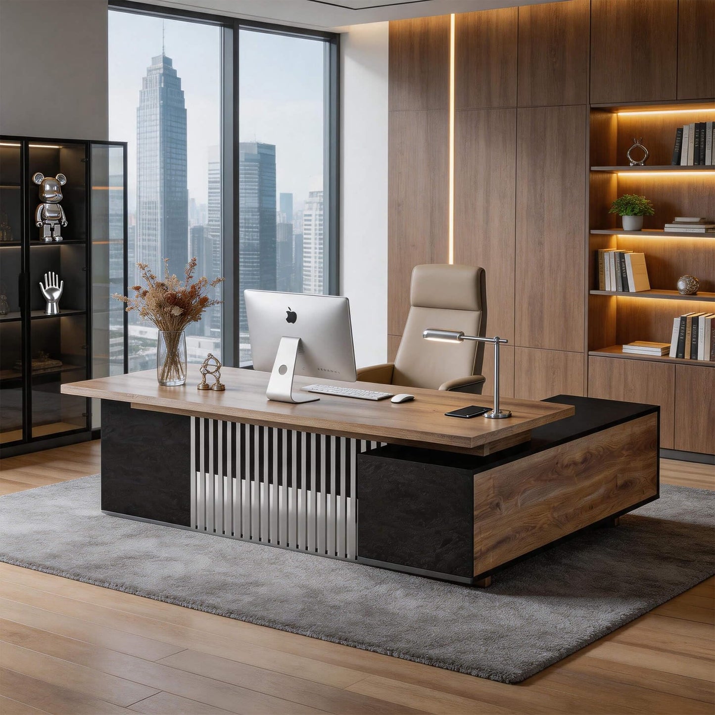 70.86 Inch Large Executive Desk with Drawers Cabinet, L Shaped Office Desk, Computer Desk with Universal Charging Ports and Cable Management for Business Furniture Set Workstation for Home Office