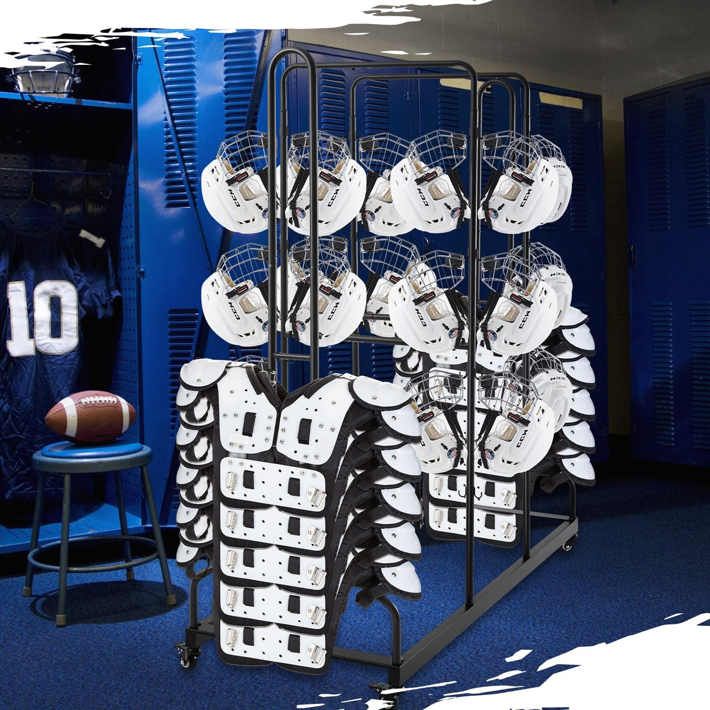 MorningRo Football Shoulder Pad and Helmet Rack Heavy Duty Sports Equipment Organizer with Locking Wheels for Adults Football Team Players Homecoming(Helmet Style)
