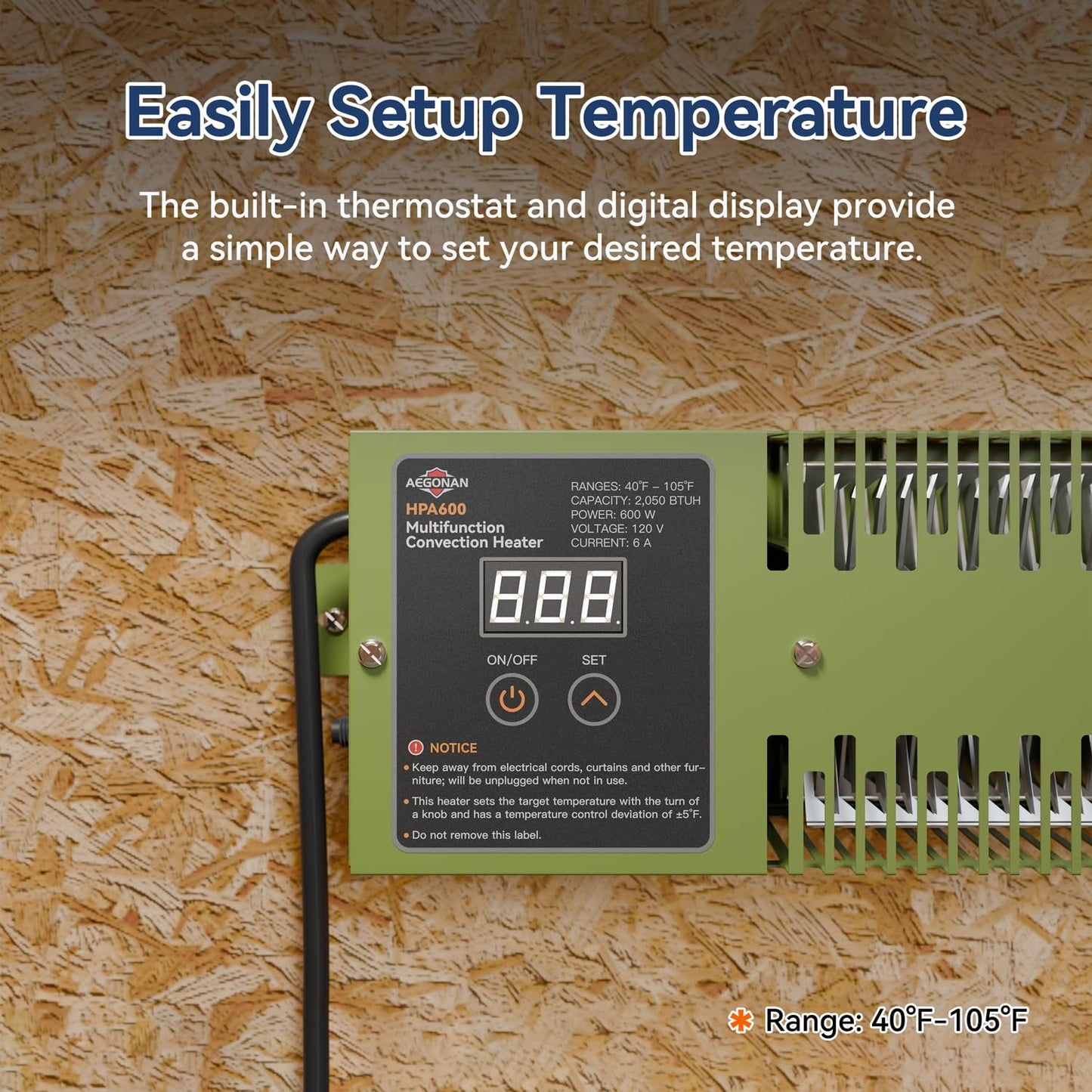 AEGONAN Utility Heater with Built-In Thermostat, 600W Electric Pump House Heater 120V, HPA600 Multifunction Convection Heater, Freeze Protection in Pump Houses, Utility Rooms, etc, Army Green