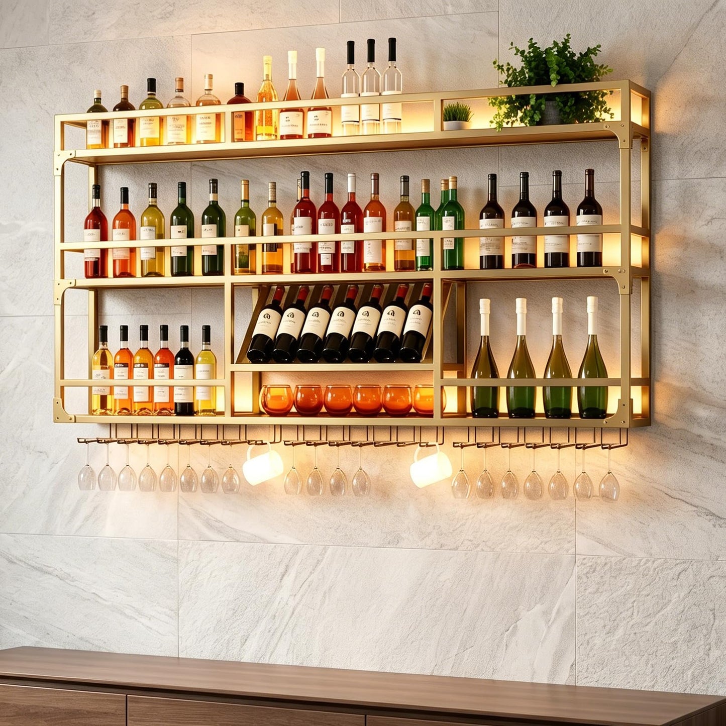 RAJYQODIS 59in Wall Mounted Wine Rack, Floating Industrial Liquor Glass Holder 3 Tiers, Large Metal Wine Bottle Display Rack Hanging Shelf, for Home Bar Dining Room Decorative