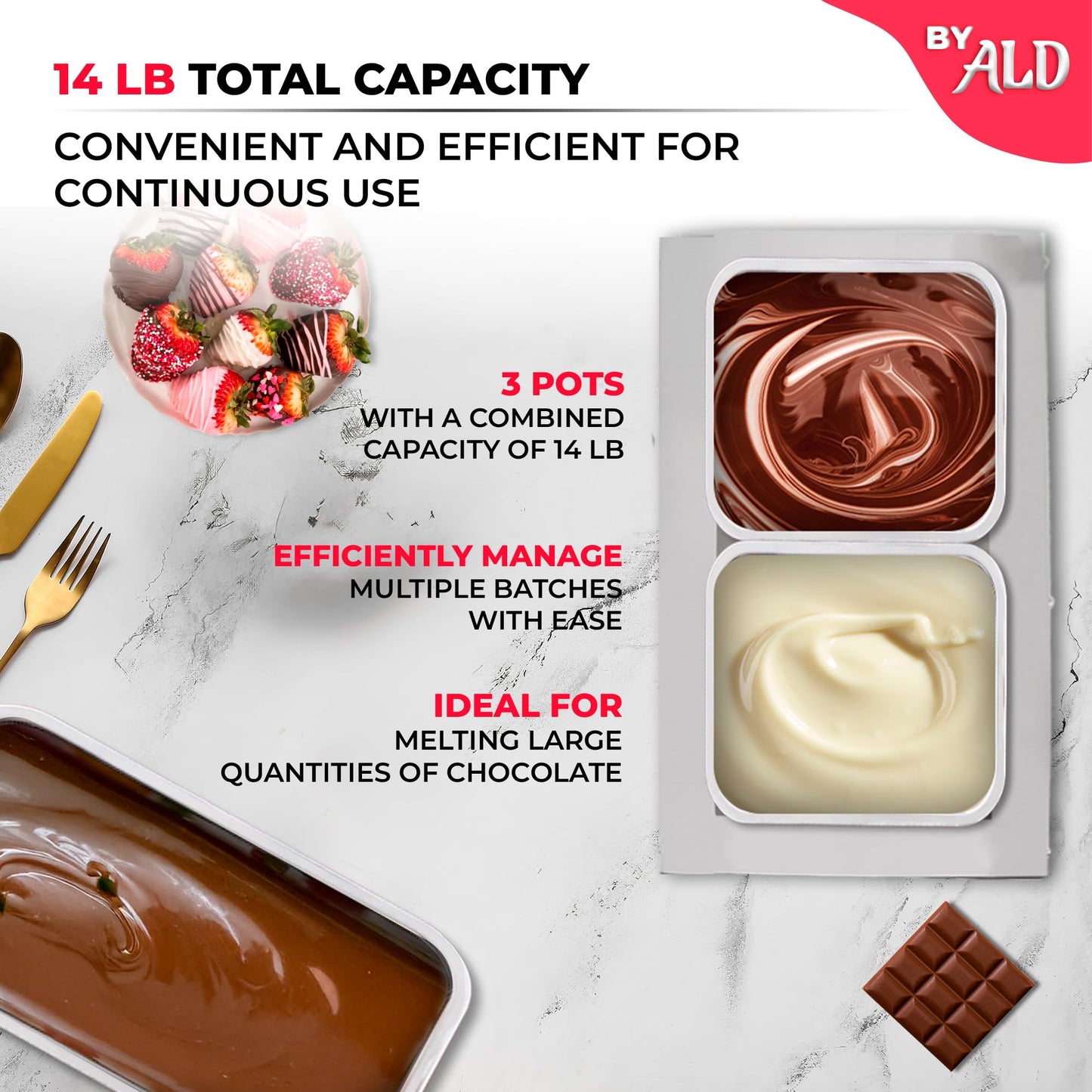 ALDKitchen Chocolate Melting Pot - Commercial Stainless Steel Electric Chocolate Melter, 1 Large Tank + 2 Extra Small Tanks, Adjustable Temp 86-185 °F for Desserts & Candy