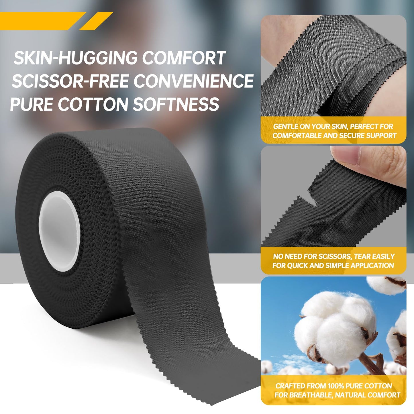 Dimora Athletic Tape, Easy Tear Sports Tape with Serrated Edges, Strong Adhesion, No Residue, Ideal for Gymnastics, Boxing, Lacrosse, Hockey and First Aid (Black, 1.5 in x 45 ft, Pack of 4)