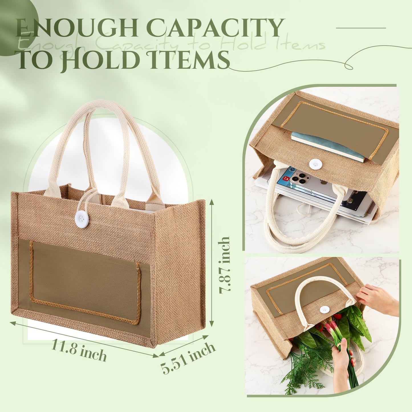 Reginary 16 Pcs Jute Burlap Totes Jute Tote Bags Reusable Burlap Beach Bags with Handle for Wedding Gifts, 11.8 x 7.87 x 5.5(Khaki,Classic)