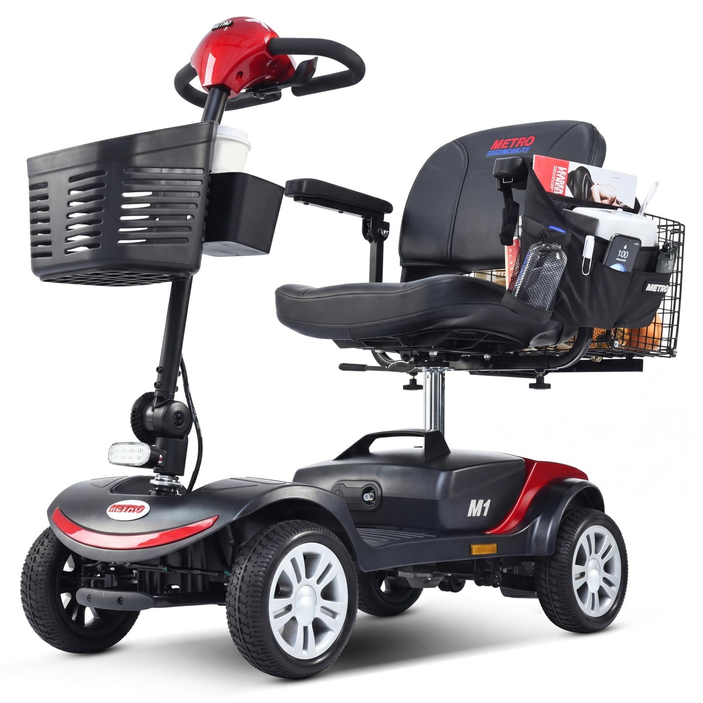 Metro Mobility 4 Wheel Foldable Mobility Scooter for Adults - 300 lbs Capacity Electric Mobility Scooters for Seniors, Travel - Long Range Power Extended Battery with Charger and Basket - Red
