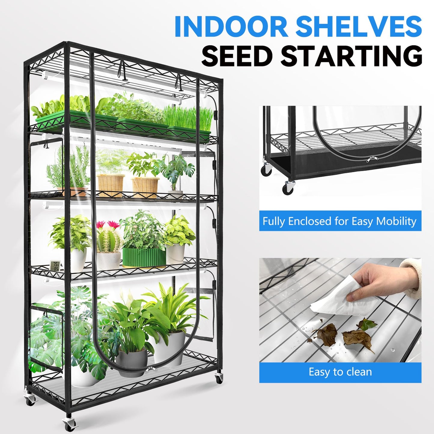 JESLED Indoor Greenhouse with Grow Light, 3FT Full Spectrum 5000K LED Light for Seed Starting, Tiered Lighting Control, Built-in Timer & Thermo-Hygrometer, Rolling Metal Plant Stand (35.4x13.8x70 in)