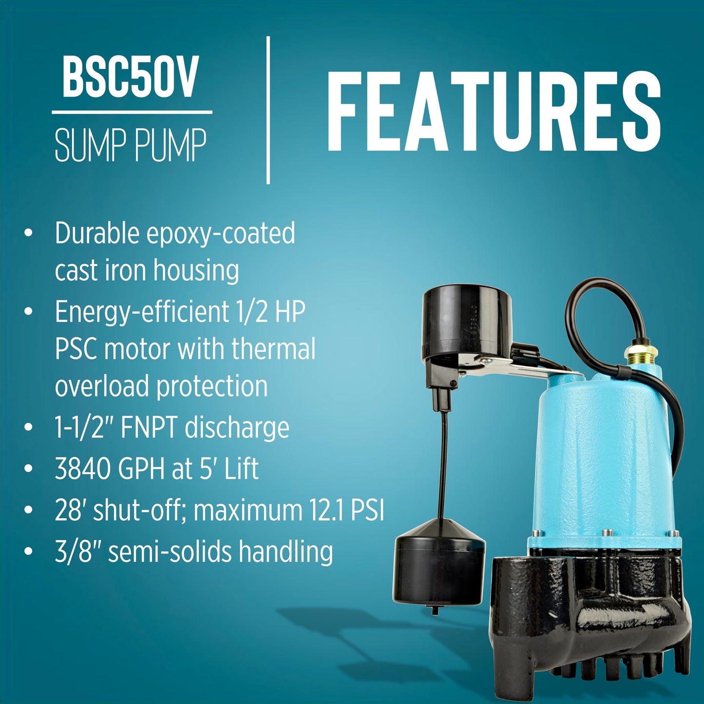 Little Giant BSC50V 1/2 HP, 115 Volt, 3840 GPH Automatic Submersible Cast Iron Sump/Effluent Pump with Piggy-back Vertical Float Switch and 10-Ft. Cord, Blue, 511252