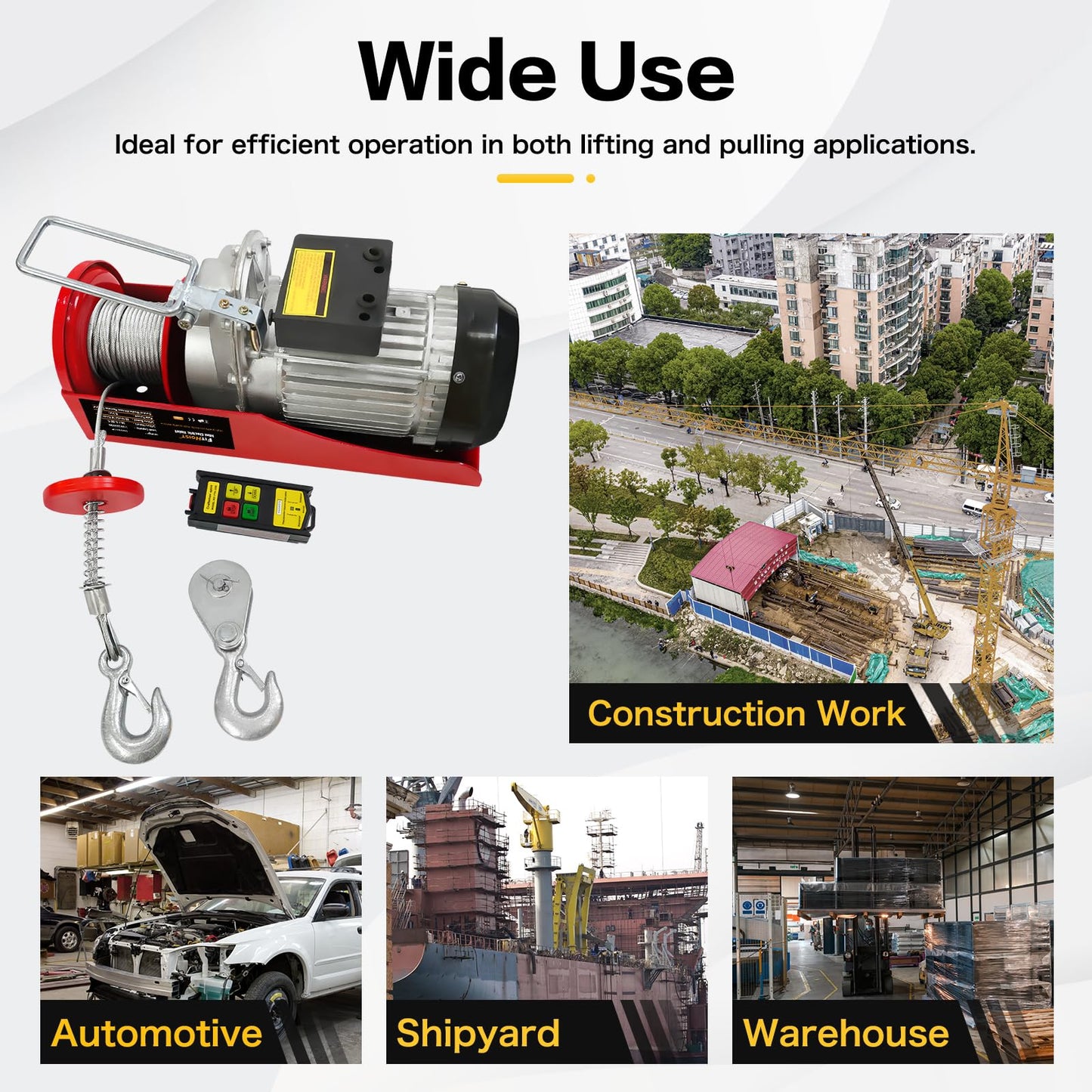 FITHOIST Electri Hoist,2200lbs 110V Electric Steel Wire Winch with Wireless Remote Control,Electric Winch Single/Double Slings with Emergency Stop,for Garage, Warehouses, Factories