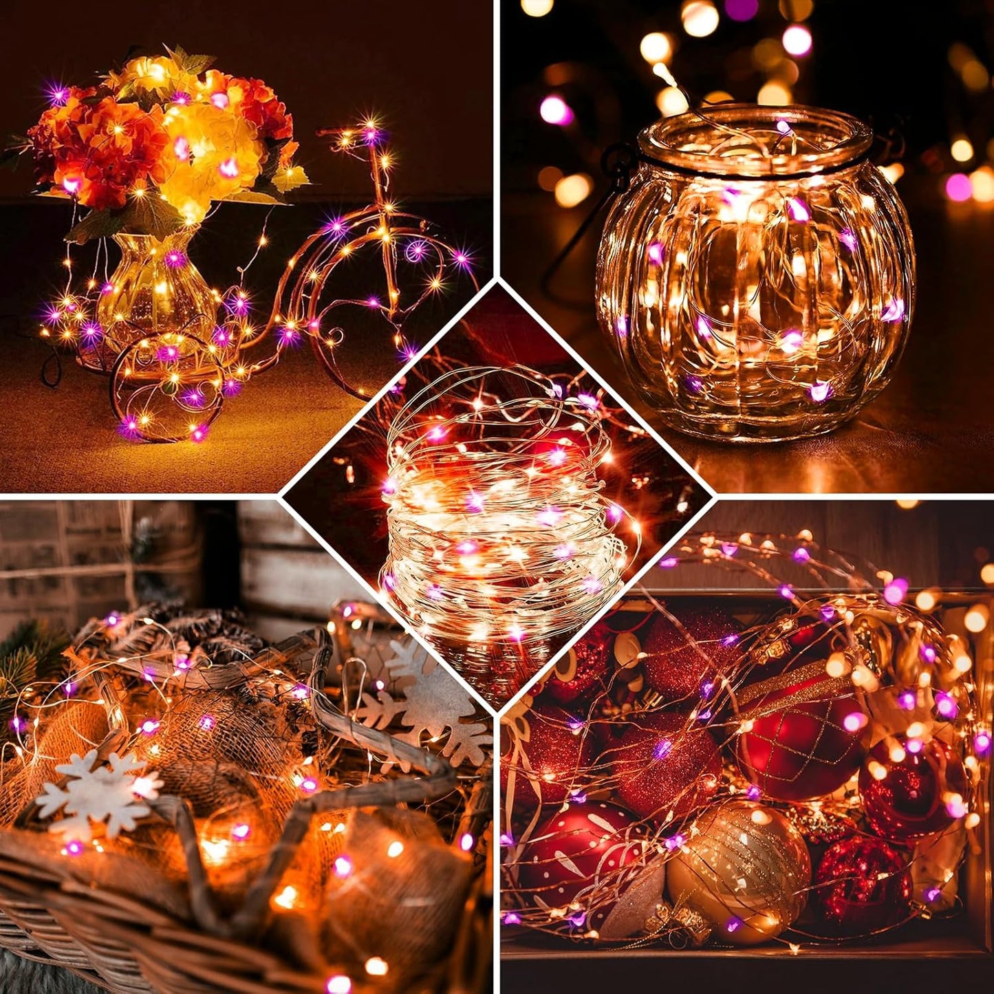 Skiennix 24-Pack Fairy Lights - 7Ft 20 LED Twinkle String Lights | Battery Operated & Waterproof for Parties, Weddings, Christmas, and Valentine's Day - Orange & Purple
