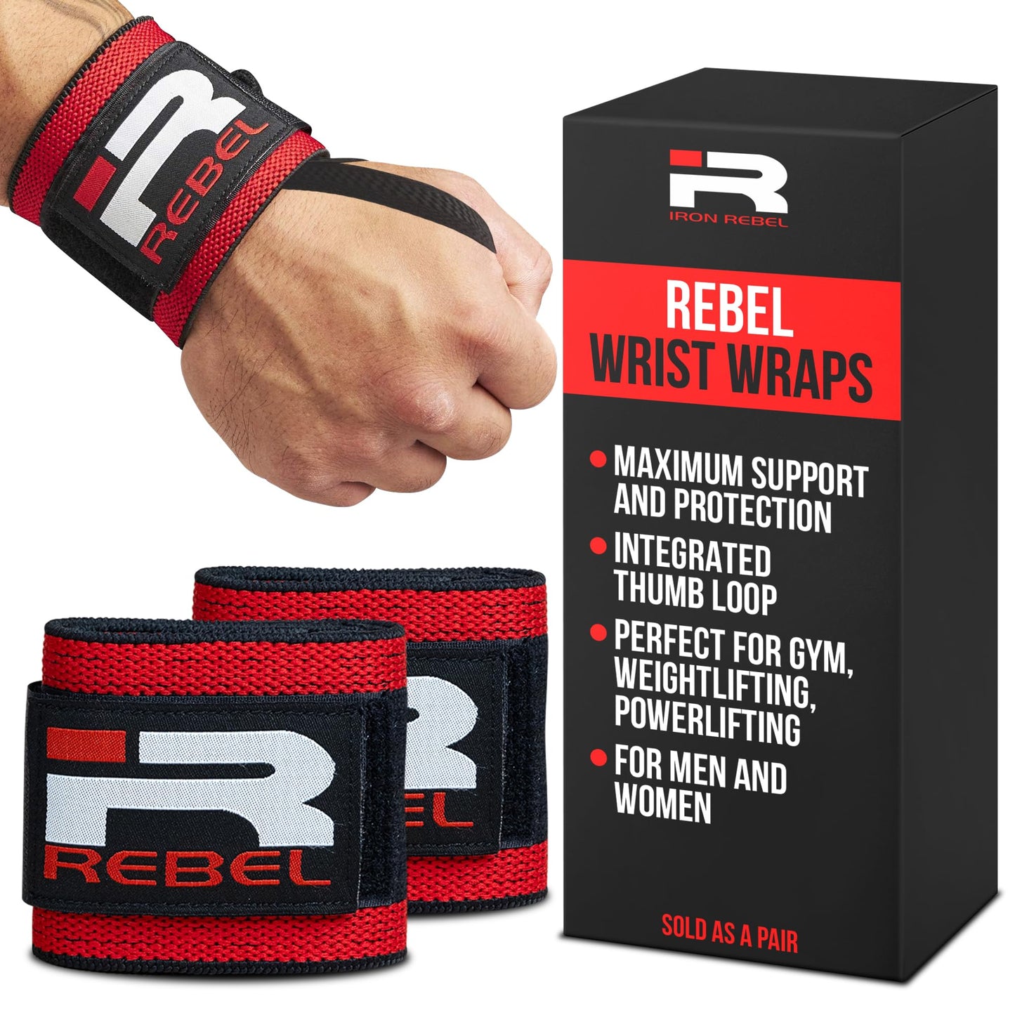 Iron Rebel Wrist Wraps - Flexible wrist support for weightlifting Straps for Men & Women - Comfortable & Durable Wrist Wraps for Everyday Lifting (Pair)