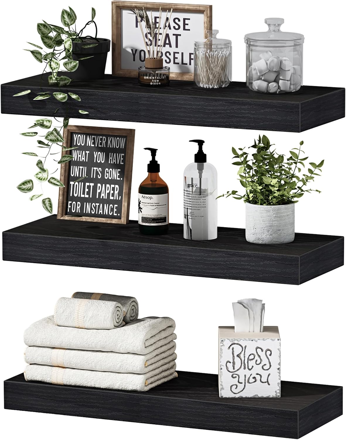 QEEIG Floating Shelves - Stylish Wall Storage for Bathroom, Bedroom & Kitchen - Set of 3, 16 Inch, Black
