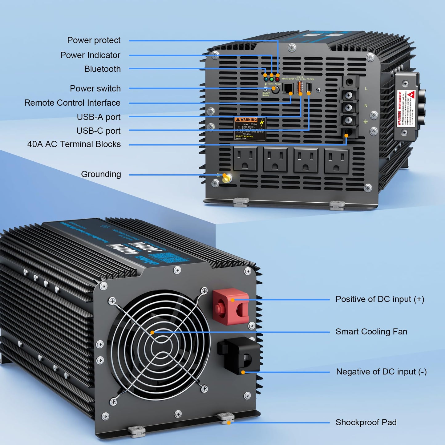 GIANDEL 4000W Pure Sine Wave Power Inverter 12V to 120V AC,7000W Surge,Compatible with All 12V Batteries,Bluetooth Control,30FT Wired Remote,FCC Approved for RV Campers Off-Grid Solar Systems