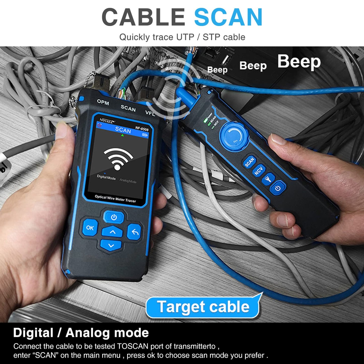 NOYAFA NF-8508 Network Cable Tester with Optical Power Meter, CAT5 CAT6 Cable Toner Ethernet Cable Tester, RJ45 Network Tester, VFL PoE QC Test Wire Tracer Port Flashing 200M Length Test