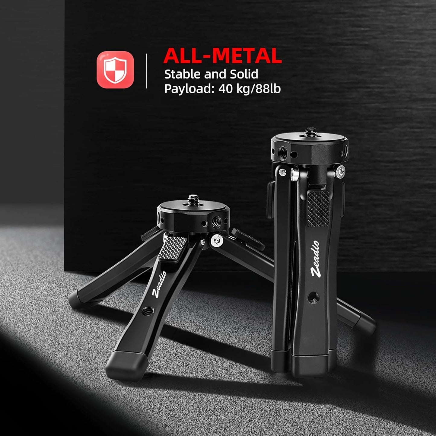 Zeadio etc(40kg/88lb Heavy Duty Mini Metal Tripod Stand - Universal Small Table Tripod for Camera, Gimbal, Action Cam