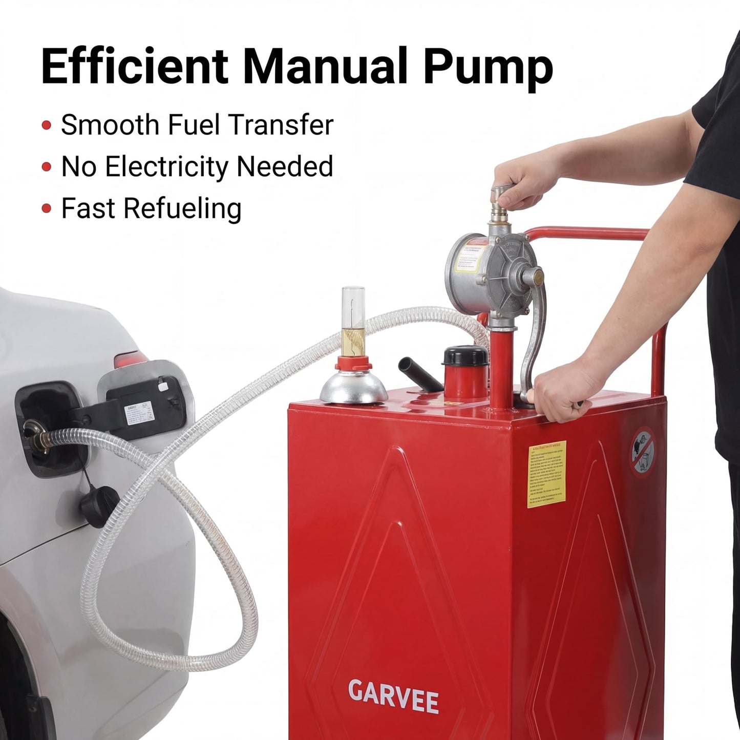 GarveeLife 30 Gallon Heavy-Duty Steel Fuel Caddy, Manual Rotary Pump, Portable Gasoline Transfer Tank for Trucks, Boats, ATVs, Lawn Mowers & Farm Equipment – Red 4-Wheeler