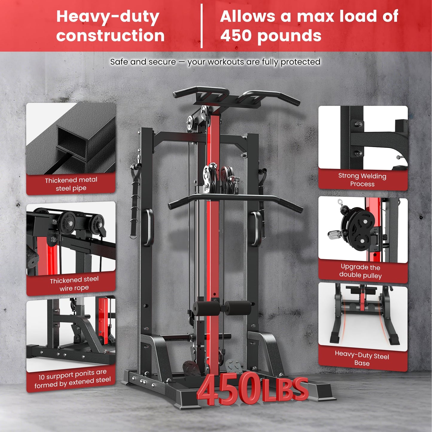 Pull Up Bar Power Tower Dip Station,Cable Machine,Multi-Function Adjustable Height Fitness Strength Training Equipment for Home Gym Strength Training Equipment,Capacity 500LBS