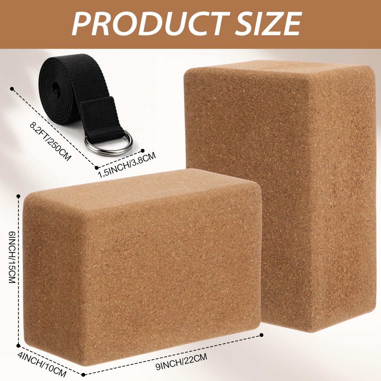 Leitee 6 Pcs Cork Yoga Blocks with Straps 9 x 6 x 4 Inch Cork Yoga Brick 8.2 FT Strap Non Slip High Density Bricks Exercise Blocks for Physical Stretching Flexibility Balance Fitness Pilates