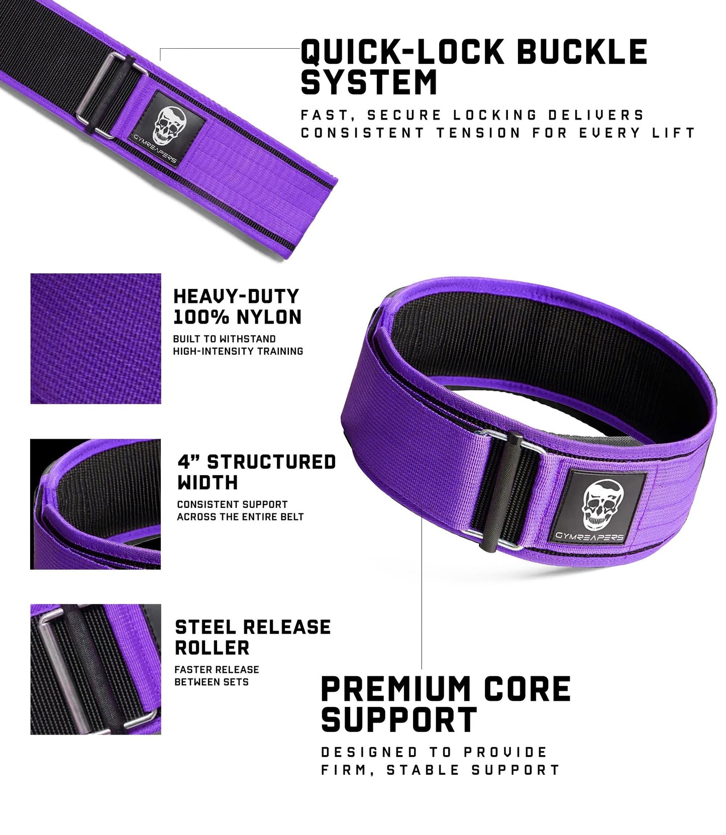 Gymreapers Quick Locking Weight Lifting Belt for Men Gym Belt for Powerlifting Deadlift Belt with 4 Inch Neoprene Metal Buckle Back Support Weightlifting Belt Women (Large, Purple)