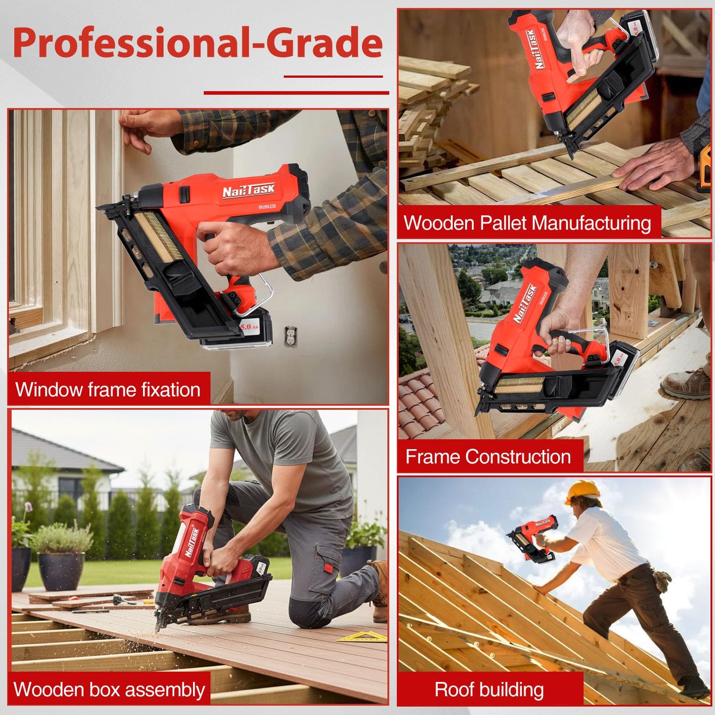 Nailtask 34° Electric Cordless Framing Nail Gun Dual Mode 3 1/2 Inch Pin Nailer Cordless Metal Roofing Set for Construction Furniture Wood Depth Adjust Brushless Motor Power Tools (Without Battery)