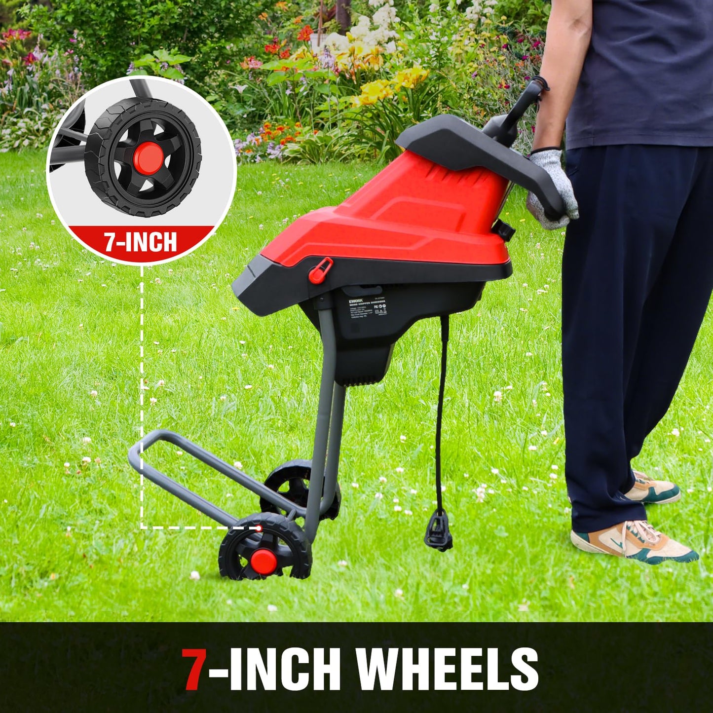 EWORK 15-Amp Electric Wood Chipper Shredder, 15:1 High Reduction Ratio with 4 Steel Blades Included, 1.77 Inch Capacity, Garden Mulcher for Composting Branches and Twigs