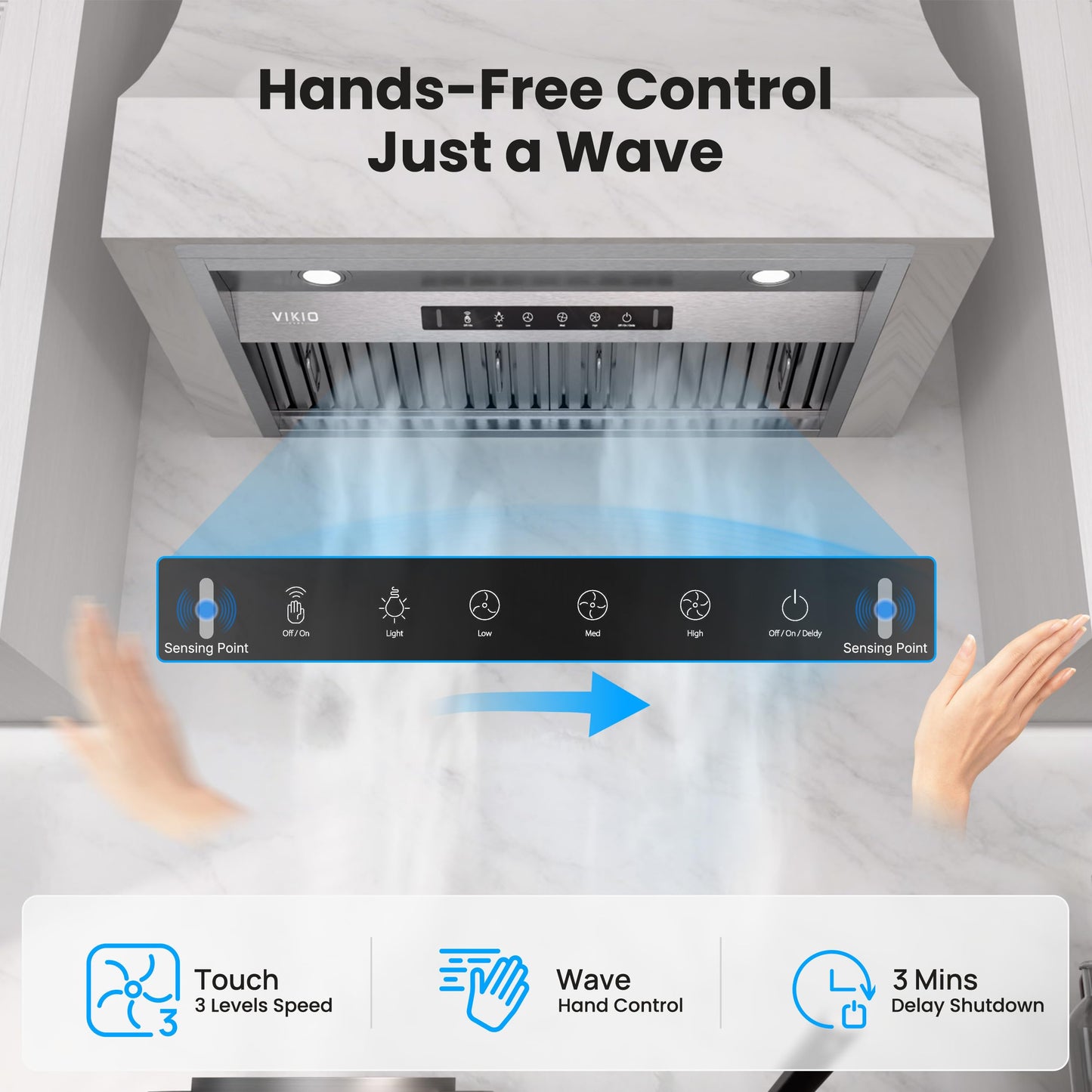 VIKIO HOME Range Hood Insert 30Inch,Built-in Kitchen Hood with 980 CFM, Ducted/Ductless Convertible Duct,Stainless Steel Kitchen Vent Hood/Gesture/Touch Control, 2 Pcs Baffle Filters with Handlebar