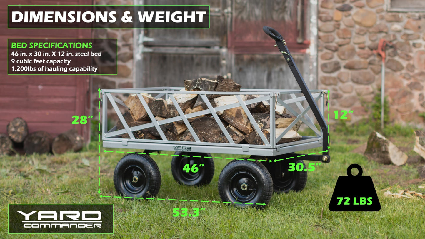 Yard Commander - Heavy Duty 1200lb Steel All Terrain Utility Cart, Garden Wagon, 9 cu ft Bed, Easy Assembly, Removable Side Panels, 45° Dump Angle, 2-in-1 Convertible Handle for Towing