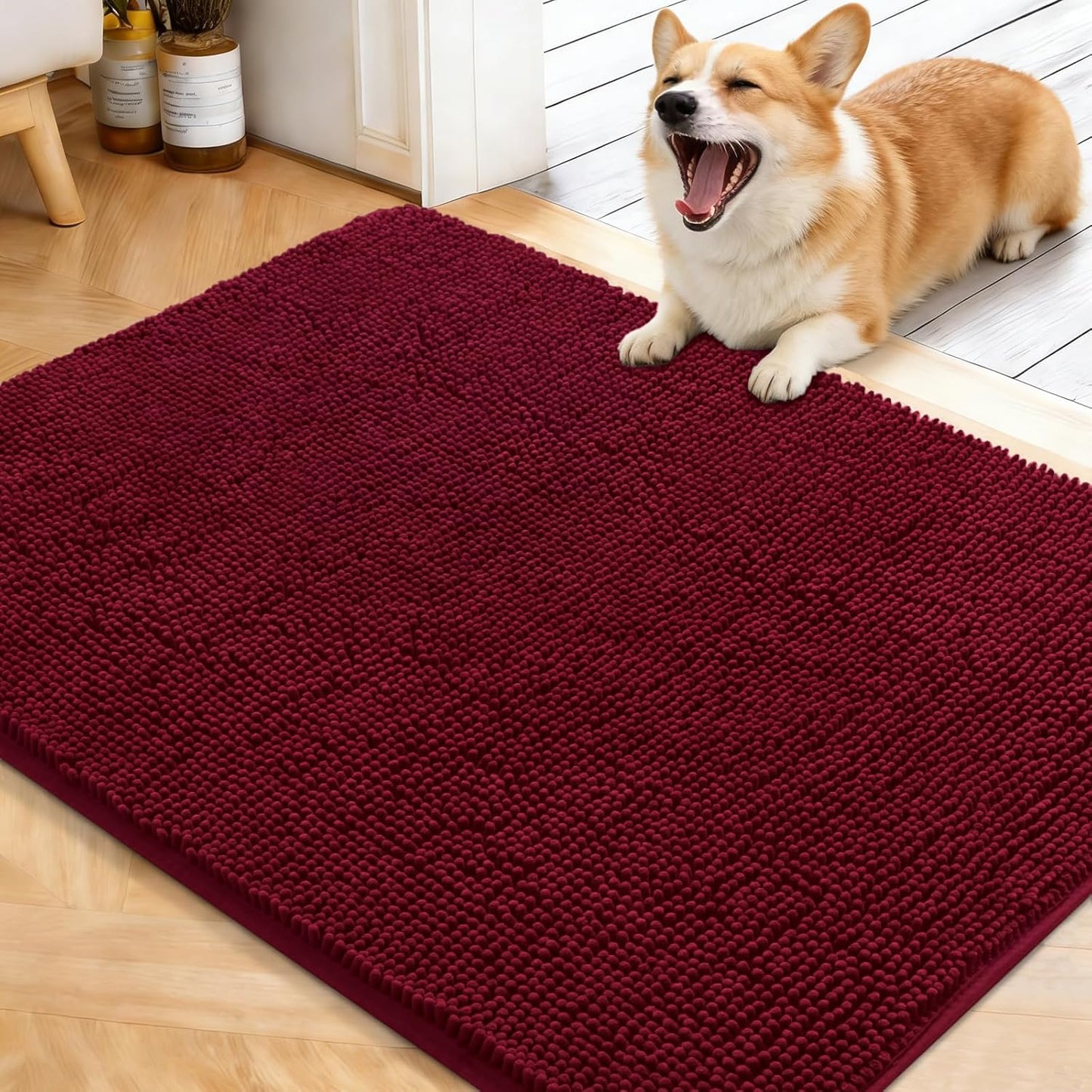 OLANLY Dog Door Mat - Absorbent Non-Slip Chenille for Muddy Paws | 40x32, Quick Dry, Burgundy