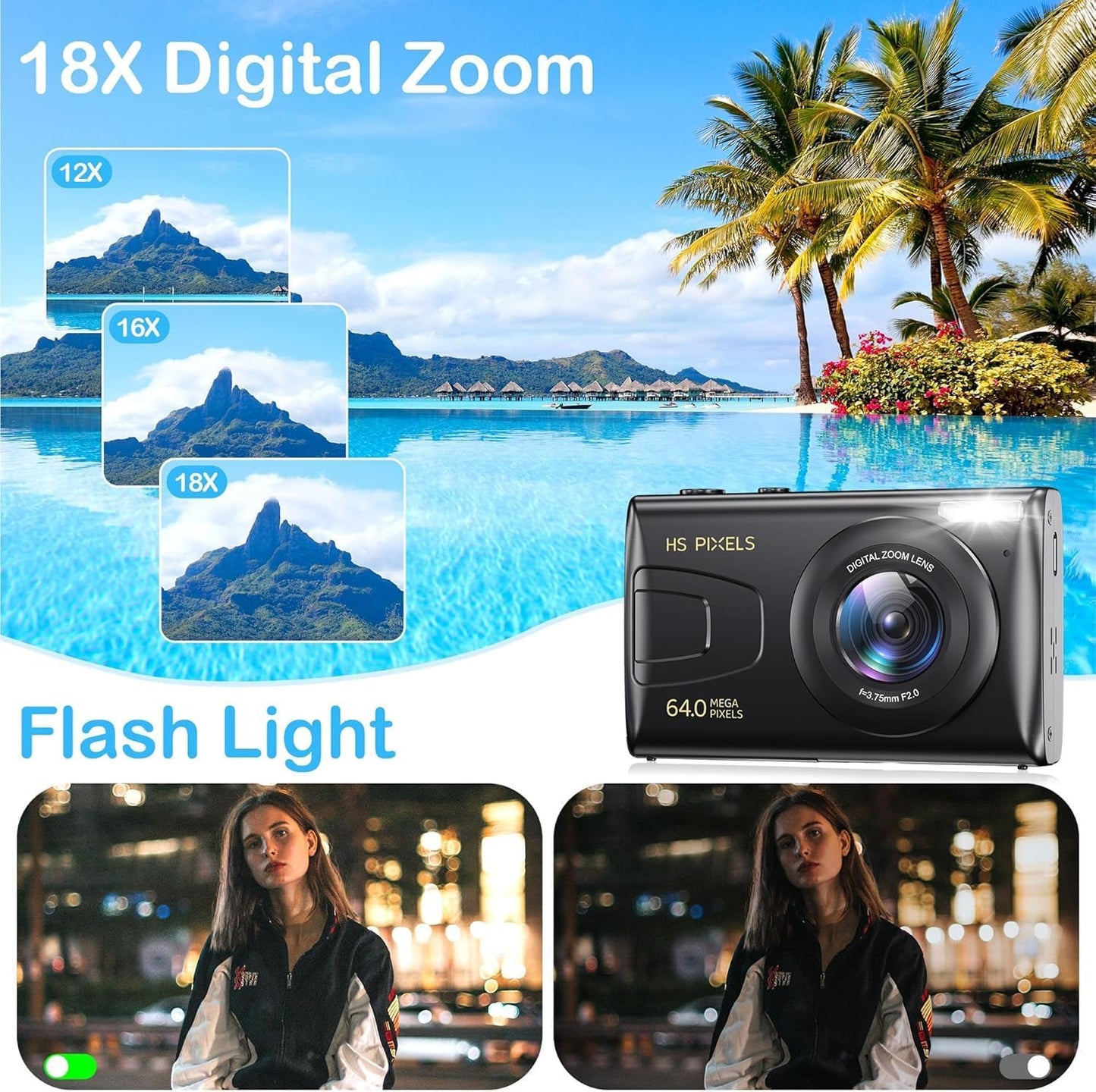 KANORLEEY 4K Cards-64MP YouTube,2.8" Focus,18X Zoom,10 Digital Camera Without SD Vlogging Camera for IPS Screen,Auto