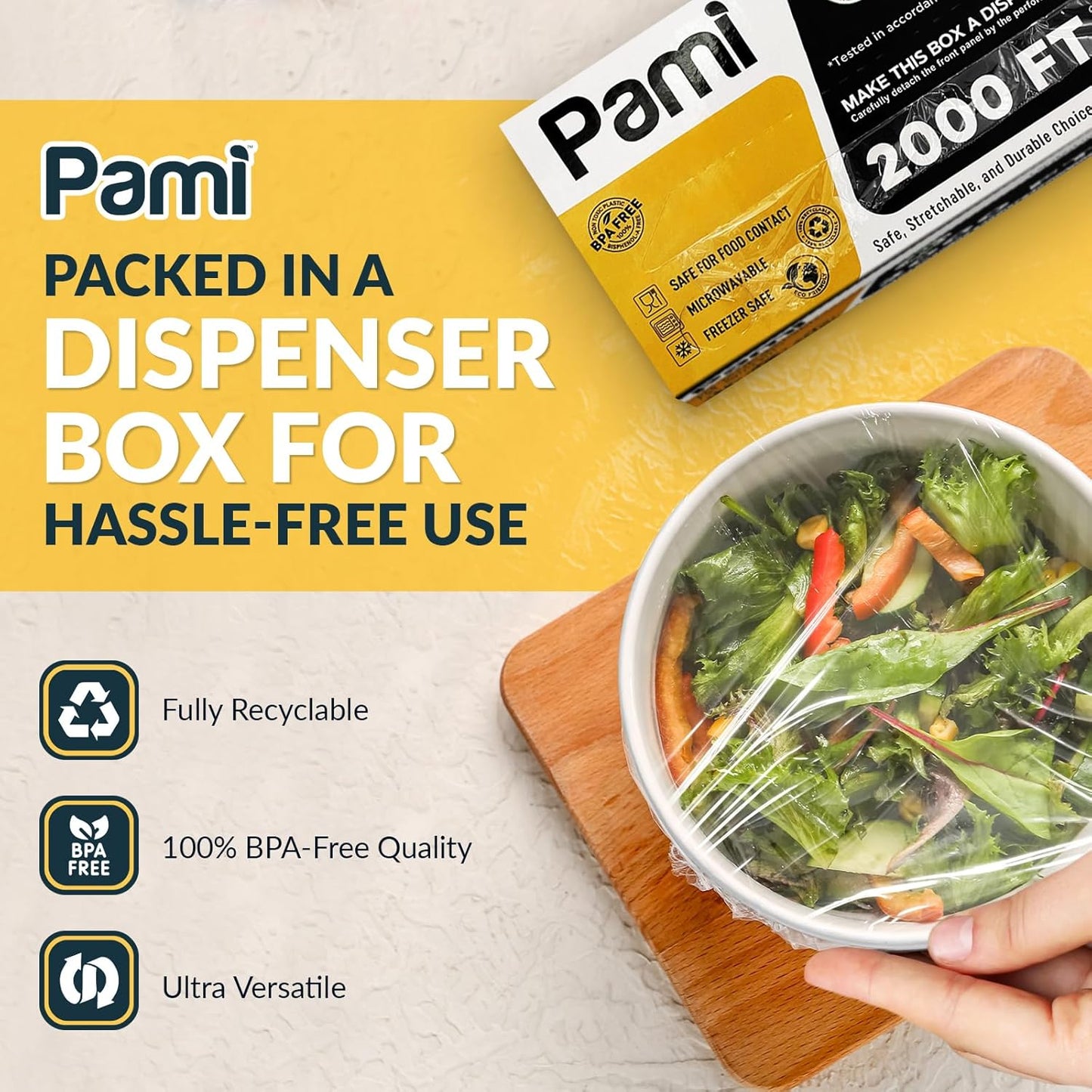 PAMI Plastic Food Wrap - 18 Inch Wide x 2000ft Clear BPA-Free Cling Wrap with Dispenser Box | Microwave & Freezer Safe