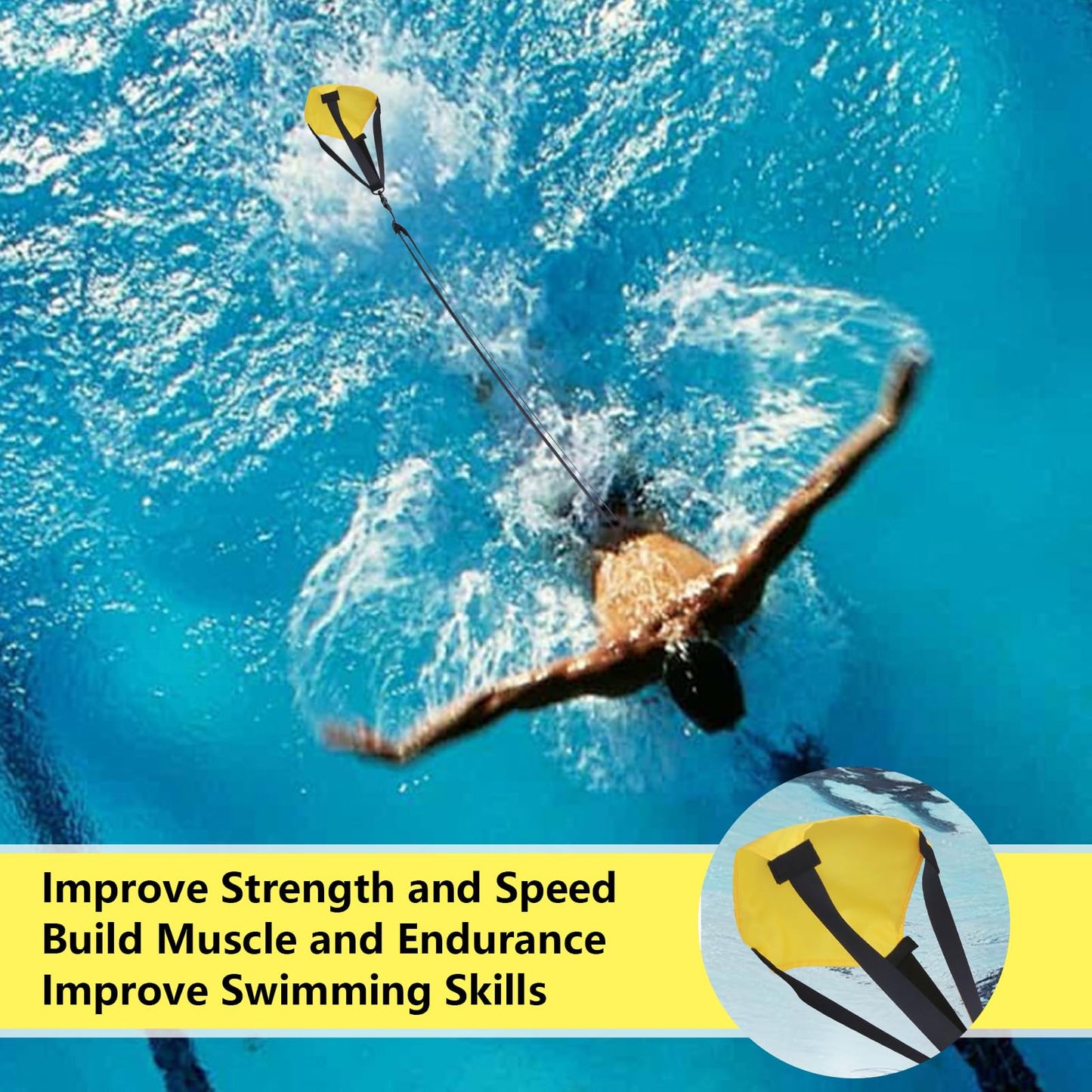 UCEDER Swim Parachute Resistance Training Set, Adjustable Swim Belt with Drag Parachute for Strength & Endurance,Swimming Resistance Training Equipment(Yellow)
