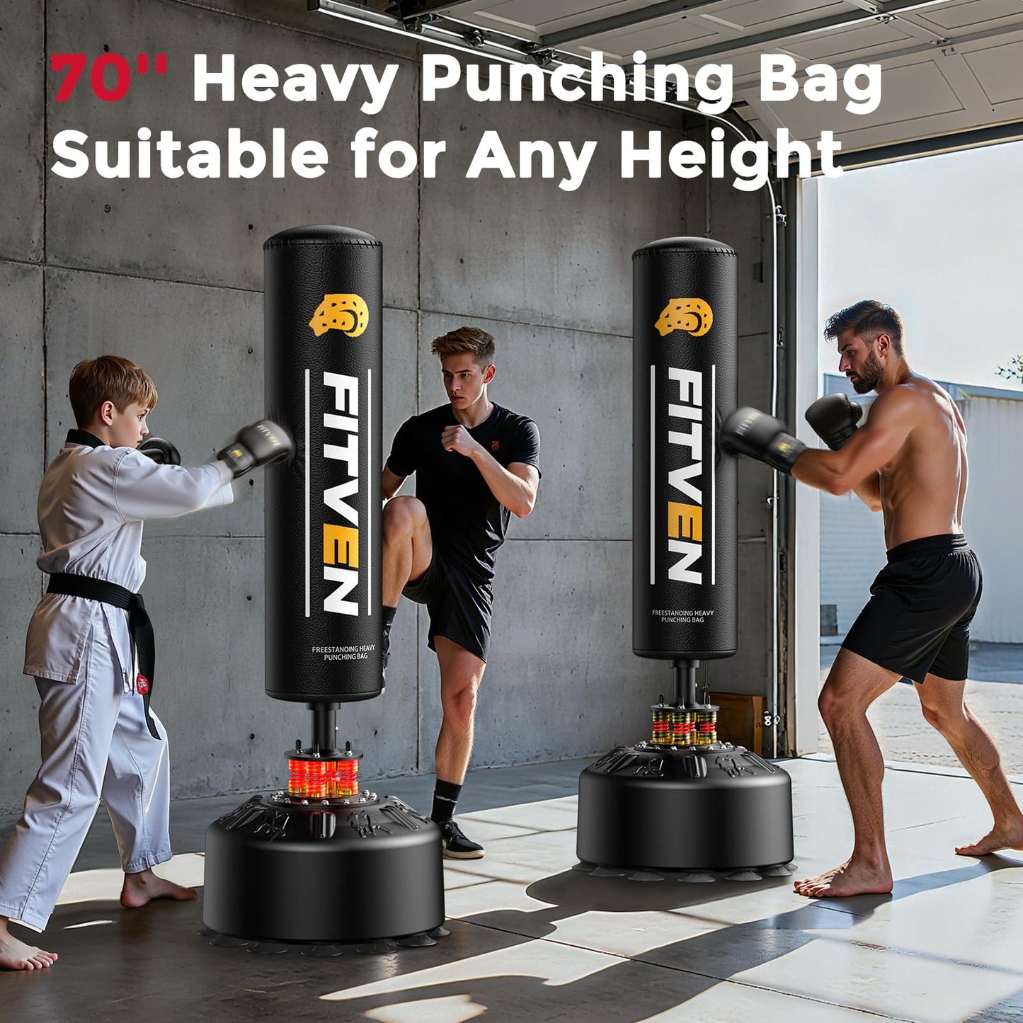 FITVEN Freestanding Punching Bag 70''-190lbs with Boxing Gloves Heavy Boxing Bag with Suction Cup Base - Men Stand Kickboxing Bag for Home Office