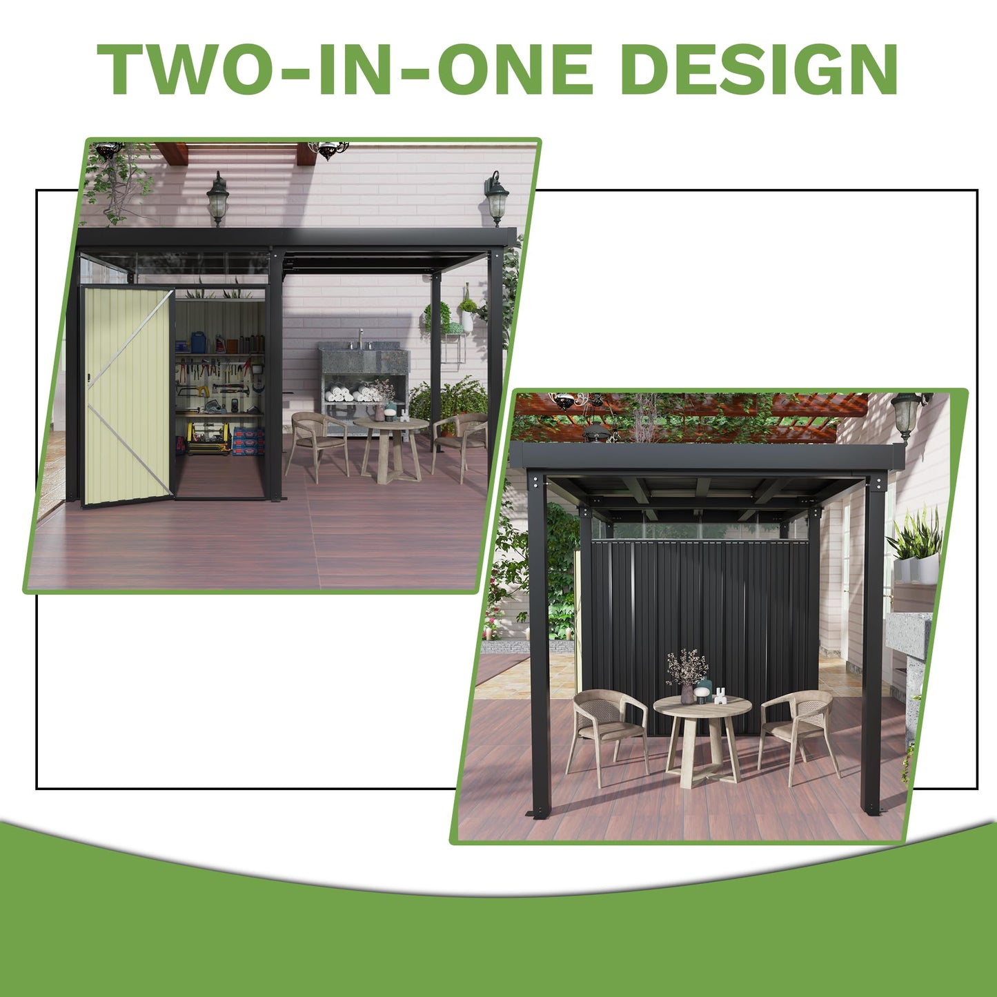 Greesum 2-in-1 Outdoor Storage Shed & Gazebo, 7x8FT Metal Lockable Shed and 7x8FT Open-Sided Pergola, Gutter Design and Transparent Window, for Patio, Garden, Backyard, Gray