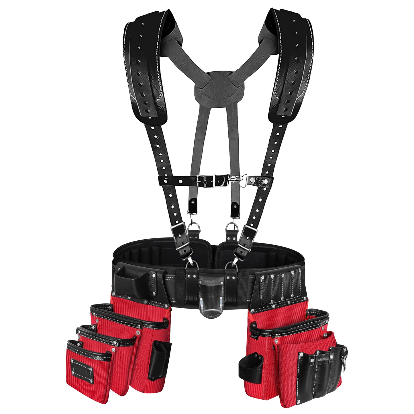 FUERI Heavy Duty 26 Pocket Tool Belt with Suspender | Grain Black Leather & Red Nylon Carpenter Tool Belt With 2 Large Pouches, Hammer Holder, Suspender Loops & Padded Belt, Ideal for Electricians